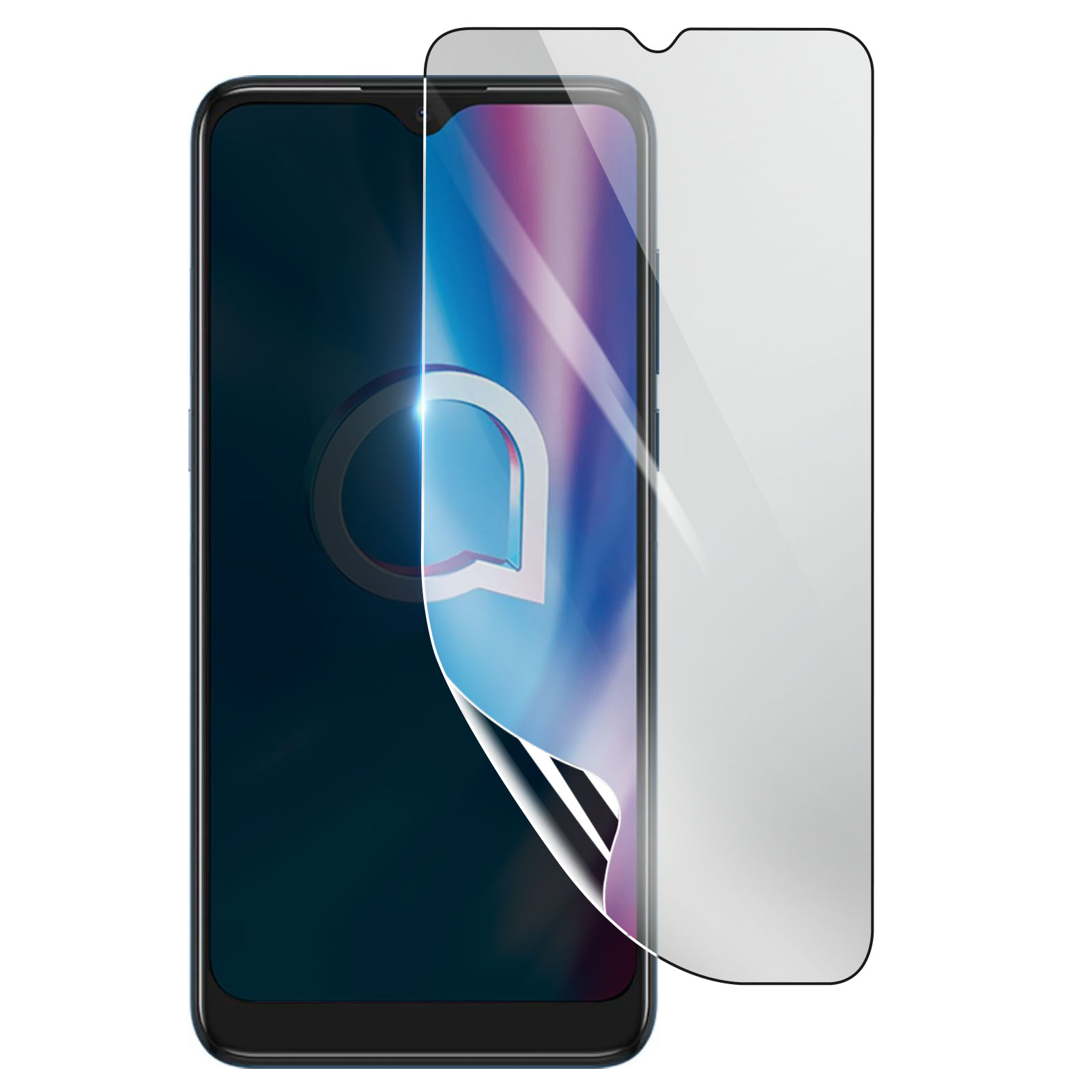 Uno smartphone con protezione schermo parzialmente staccata. Il telefono mostra un logo. La protezione è trasparente.