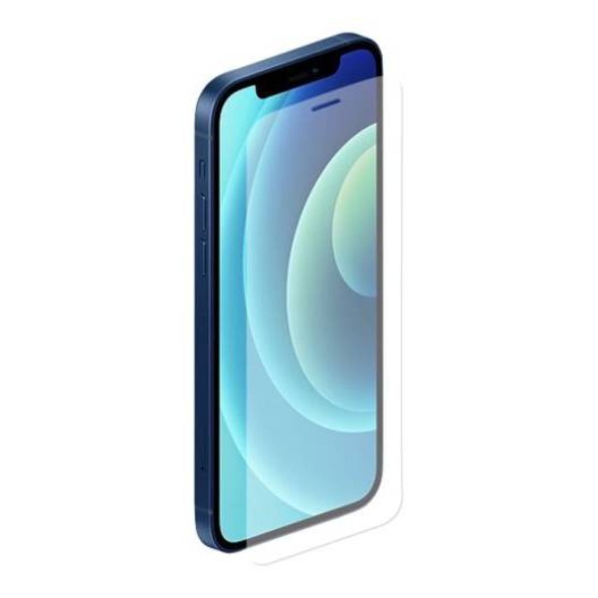 Un iPhone blu con una protezione schermo è mostrato. Lo schermo mostra un design astratto blu e verde. Il telefono è leggermente angolato.