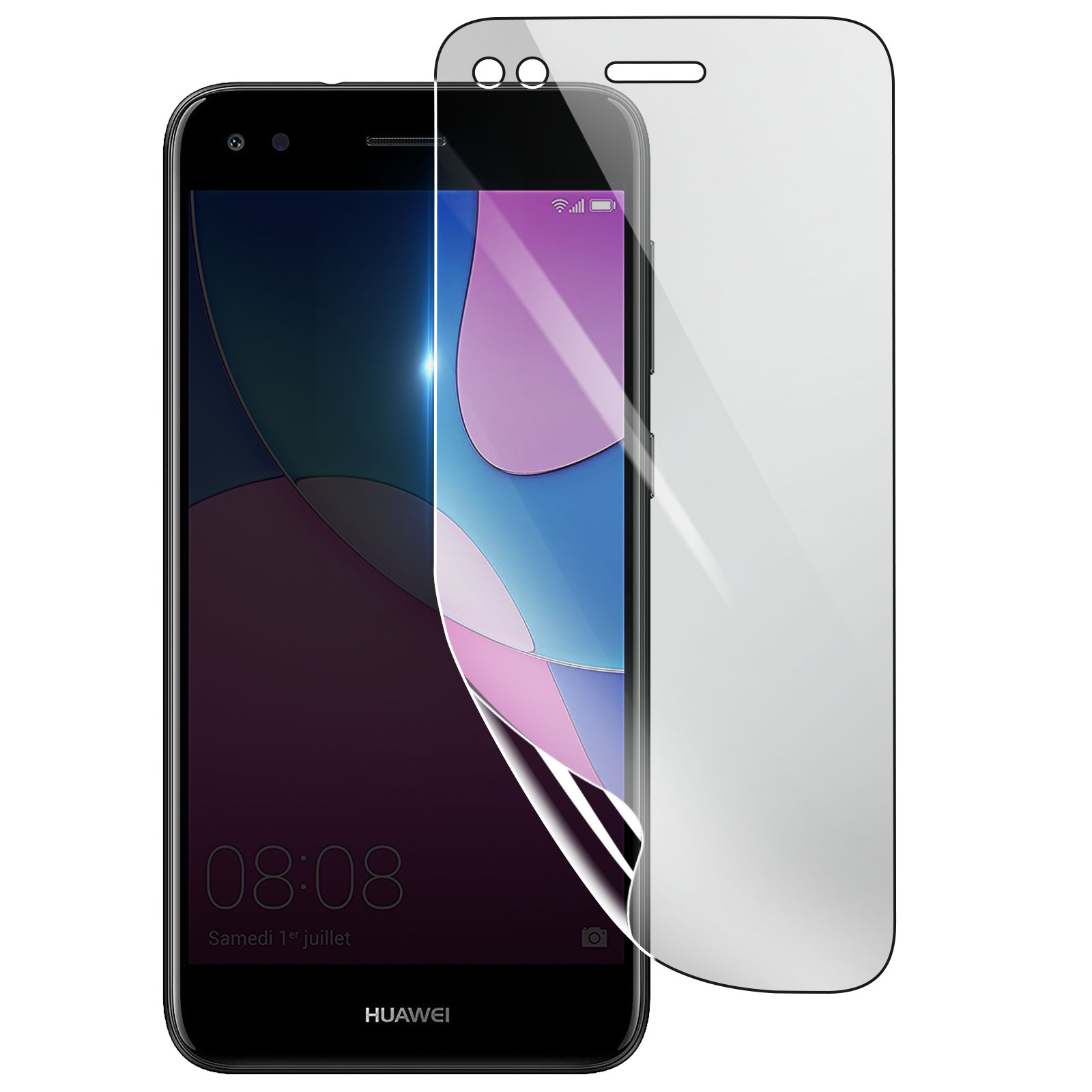 Uno smartphone Huawei nero con una protezione per lo schermo. Lo schermo mostra un design astratto colorato e l'ora.