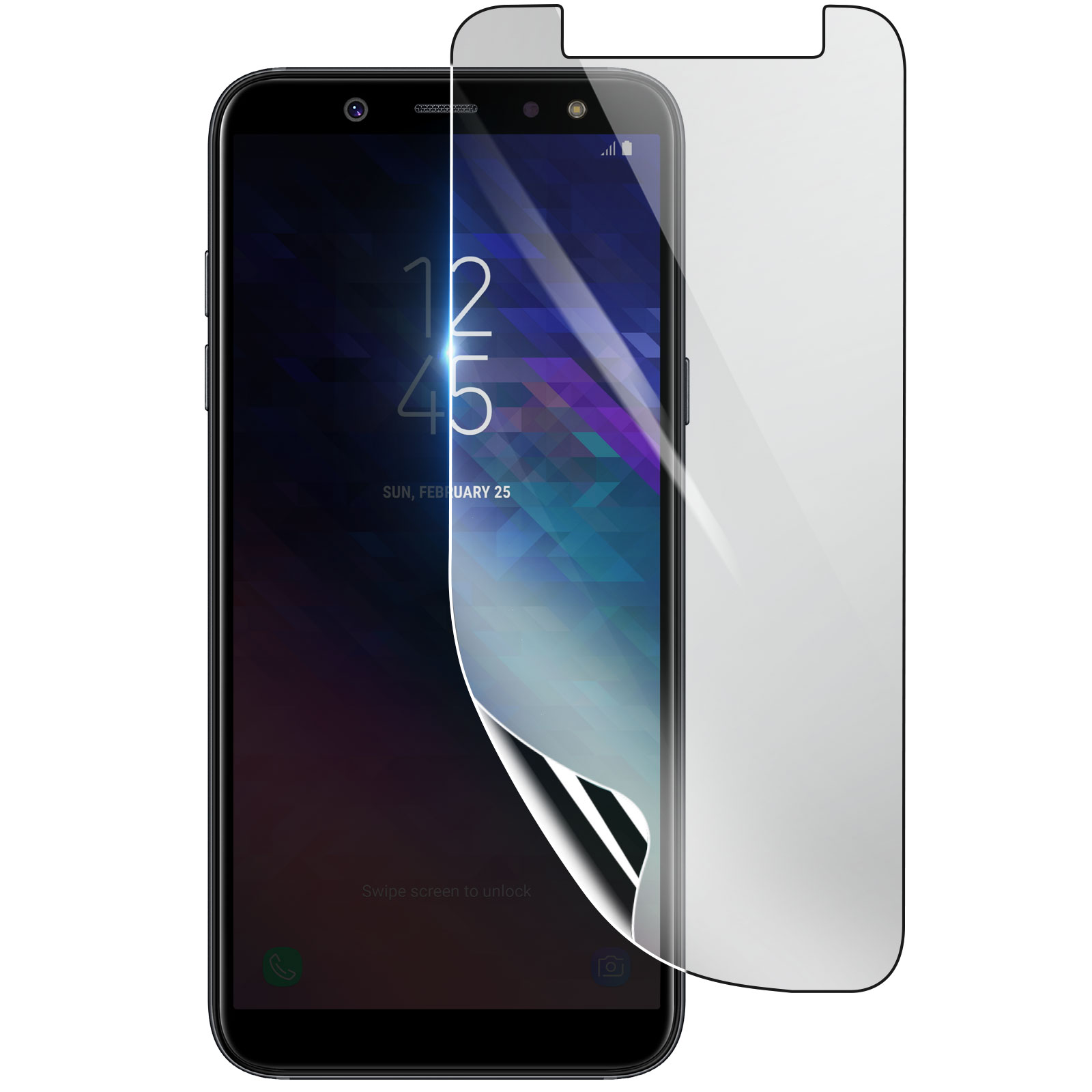 Uno smartphone nero con una protezione schermo parzialmente staccata. Lo schermo mostra l'ora e la data.