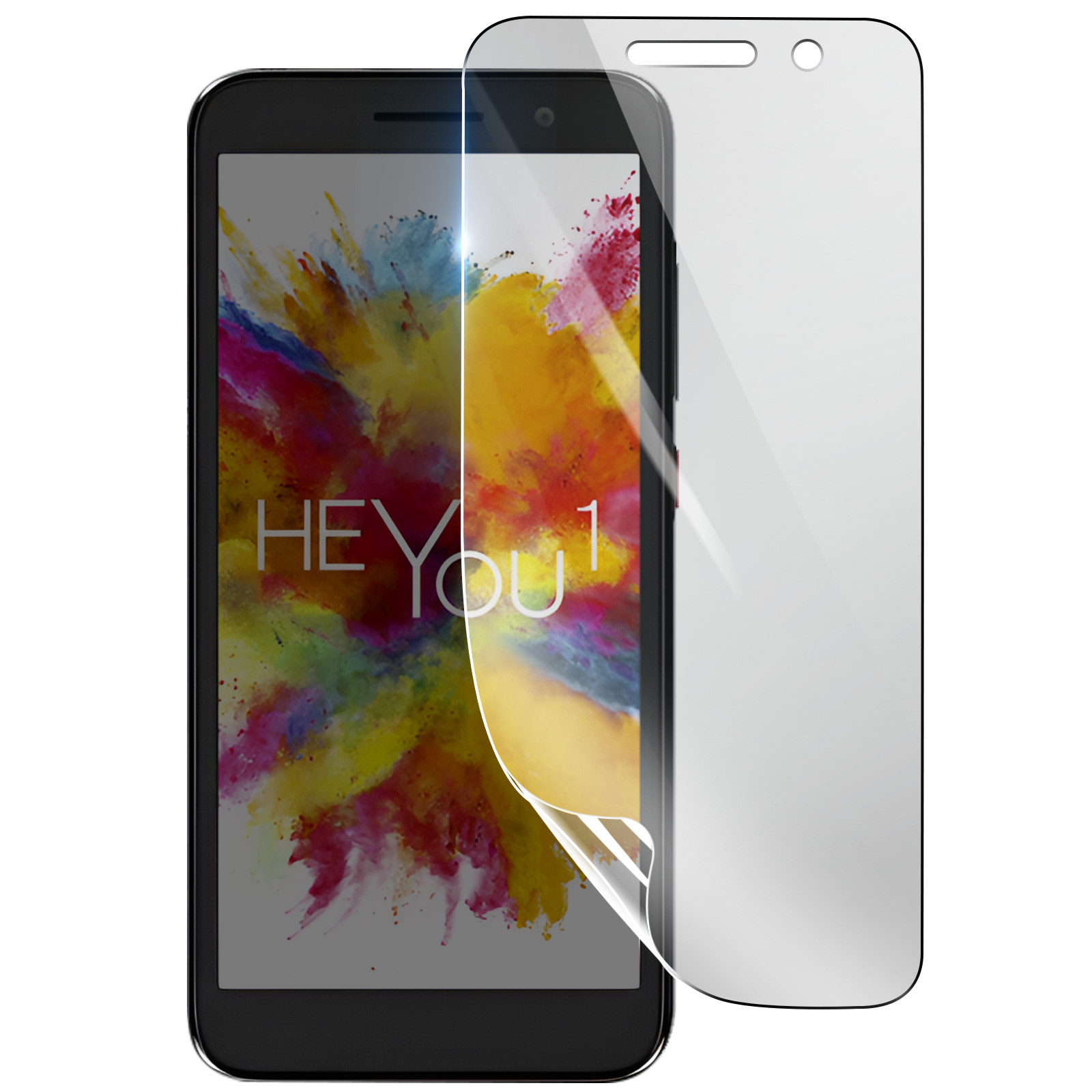 Uno smartphone con una protezione per lo schermo che viene rimossa. Lo schermo mostra arte astratta colorata. La protezione è trasparente.