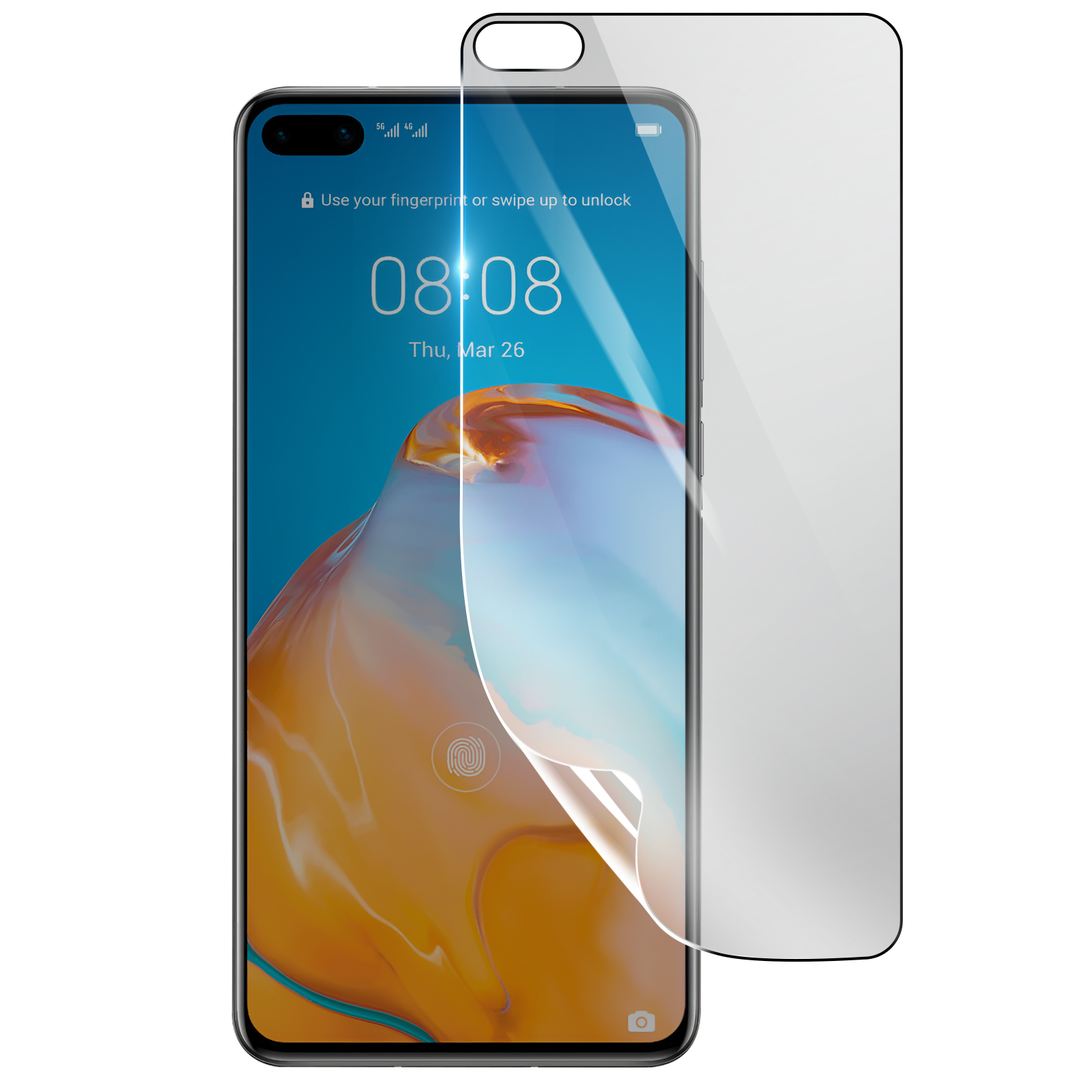 Smartphone con protezione schermo. Lo schermo mostra ora e data. Protezione parzialmente staccata.