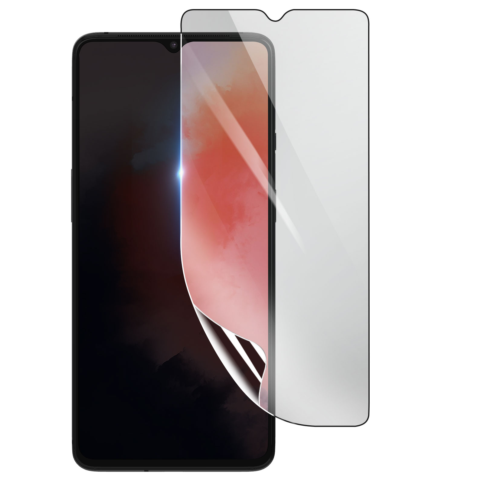 Uno smartphone con una protezione per lo schermo in applicazione. Il telefono è nero con una protezione trasparente. Lo sfondo è bianco.