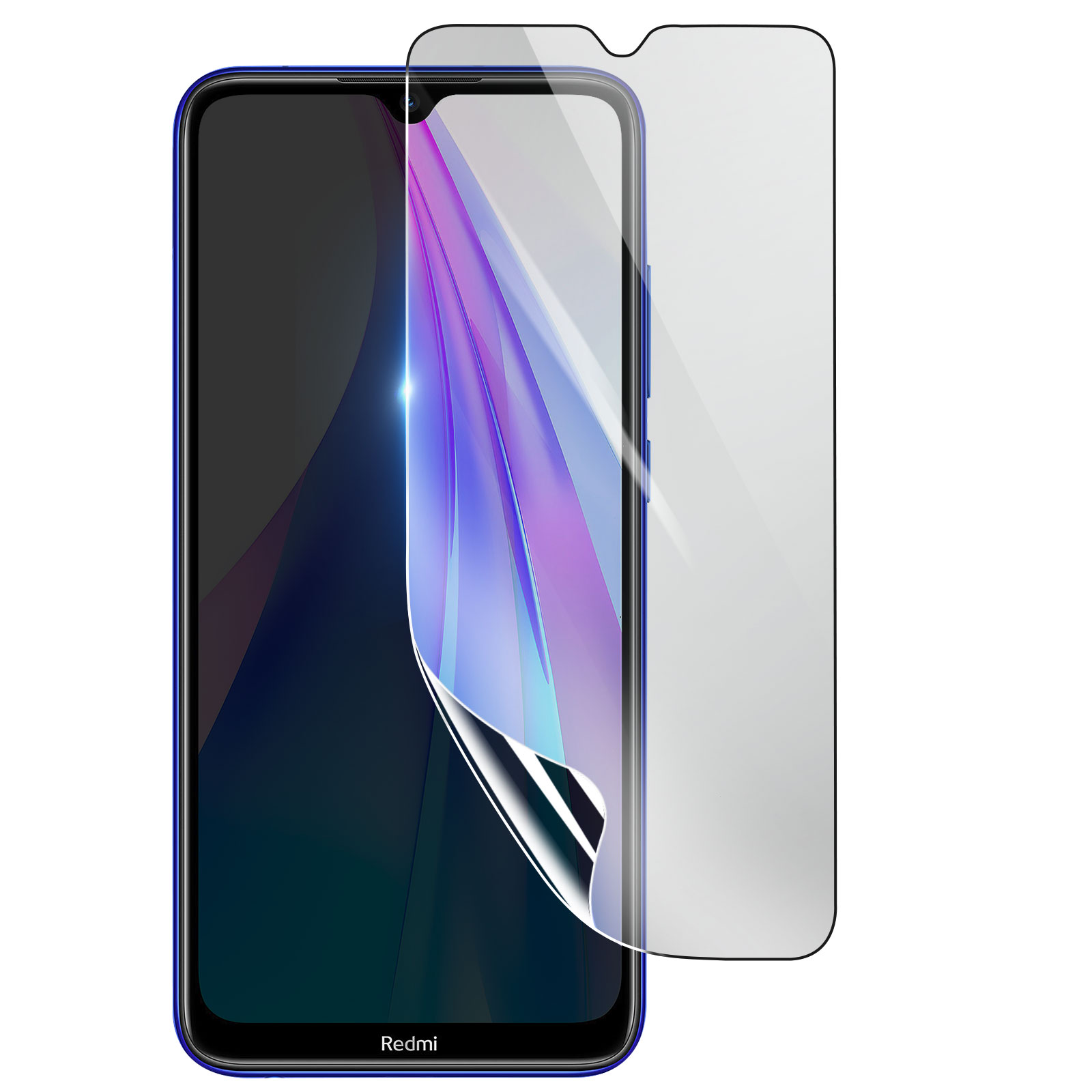 Uno smartphone con una protezione per lo schermo applicata. Il telefono è blu, con schermo nero. Accanto, una protezione schermo trasparente.