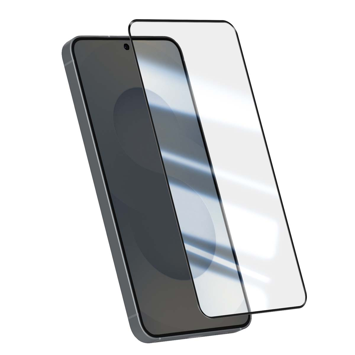 Un smartphone avec un protecteur d'écran. Le téléphone est gris, avec un écran noir. Le protecteur est transparent, légèrement au-dessus.