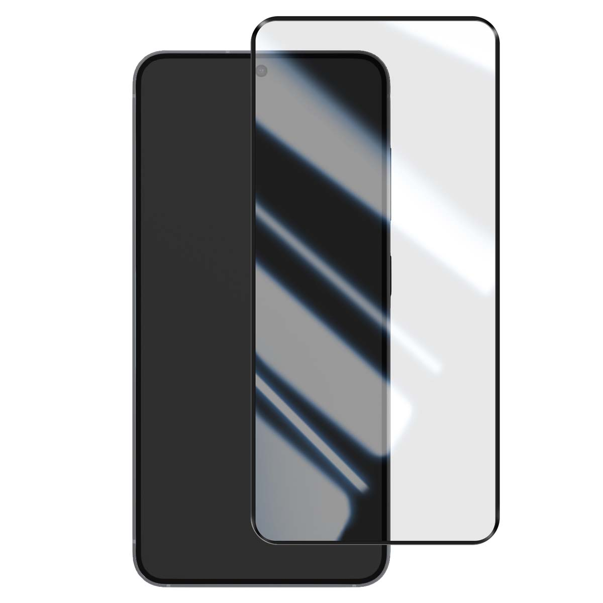 Un smartphone avec un protecteur d'écran appliqué. Le téléphone est noir avec un protecteur d'écran transparent.
