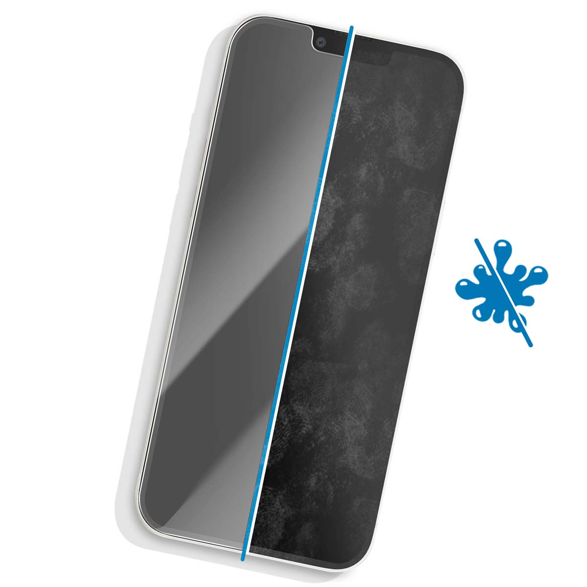 Un téléphone avec protection d'écran, moitié clair et moitié avec empreintes digitales. Une éclaboussure bleue barrée, indiquant la résistance à l'eau.