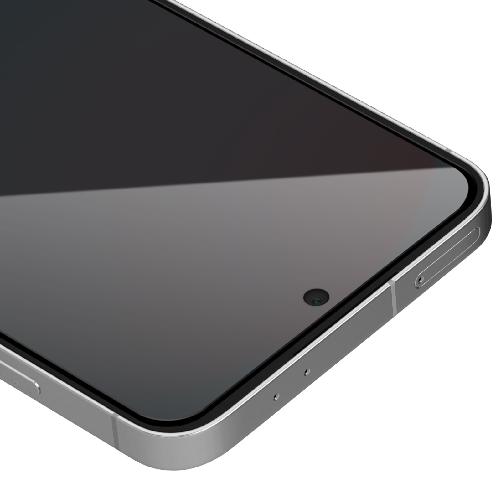 Primo piano di uno smartphone argentato. Lo schermo è nero. L'obiettivo della fotocamera è visibile. Il telefono è leggermente inclinato.