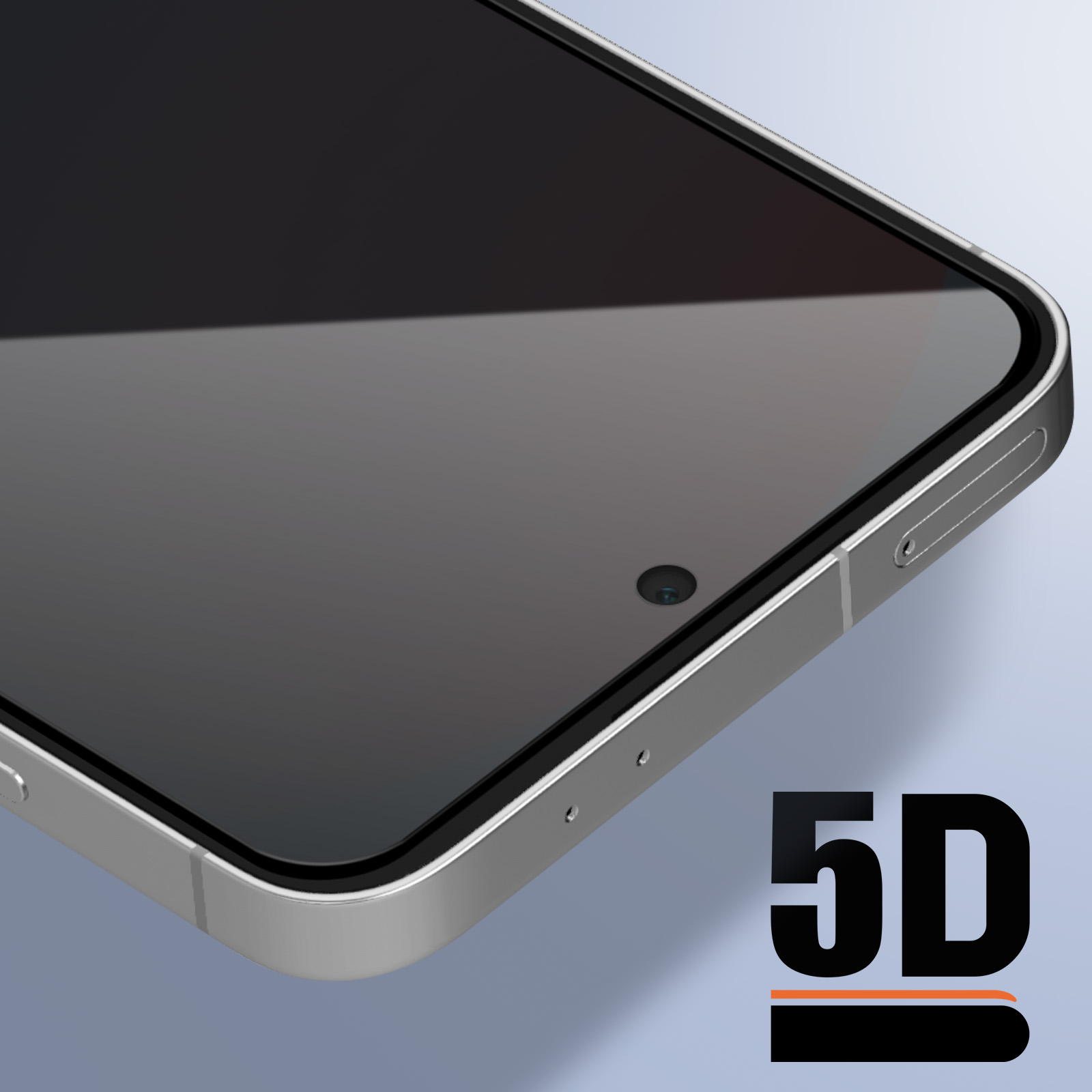 Primo piano di uno schermo di smartphone. Il telefono ha una cornice argentata, schermo nero e fotocamera frontale. Il testo '5D' è di lato.