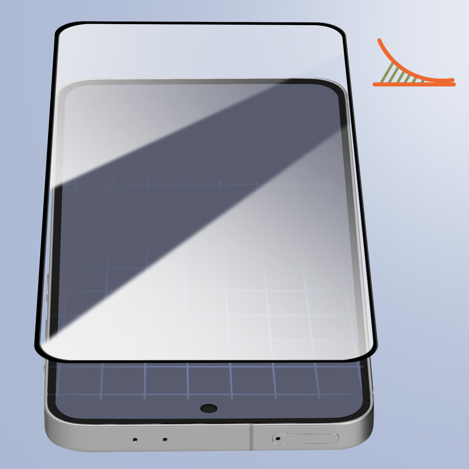 Uno smartphone con una protezione per lo schermo applicata. È argentato con una cornice nera. Un grafico arancione e verde è sullo sfondo.