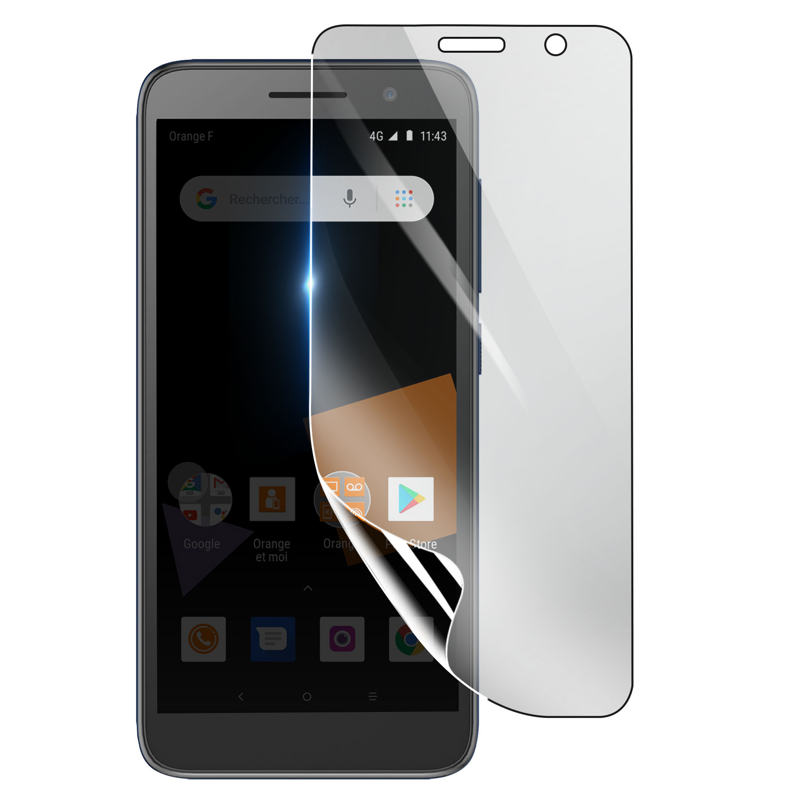 Uno smartphone con una protezione per lo schermo. Lo schermo mostra le icone di Google, Orange e Play Store. L'ora è 11:43.