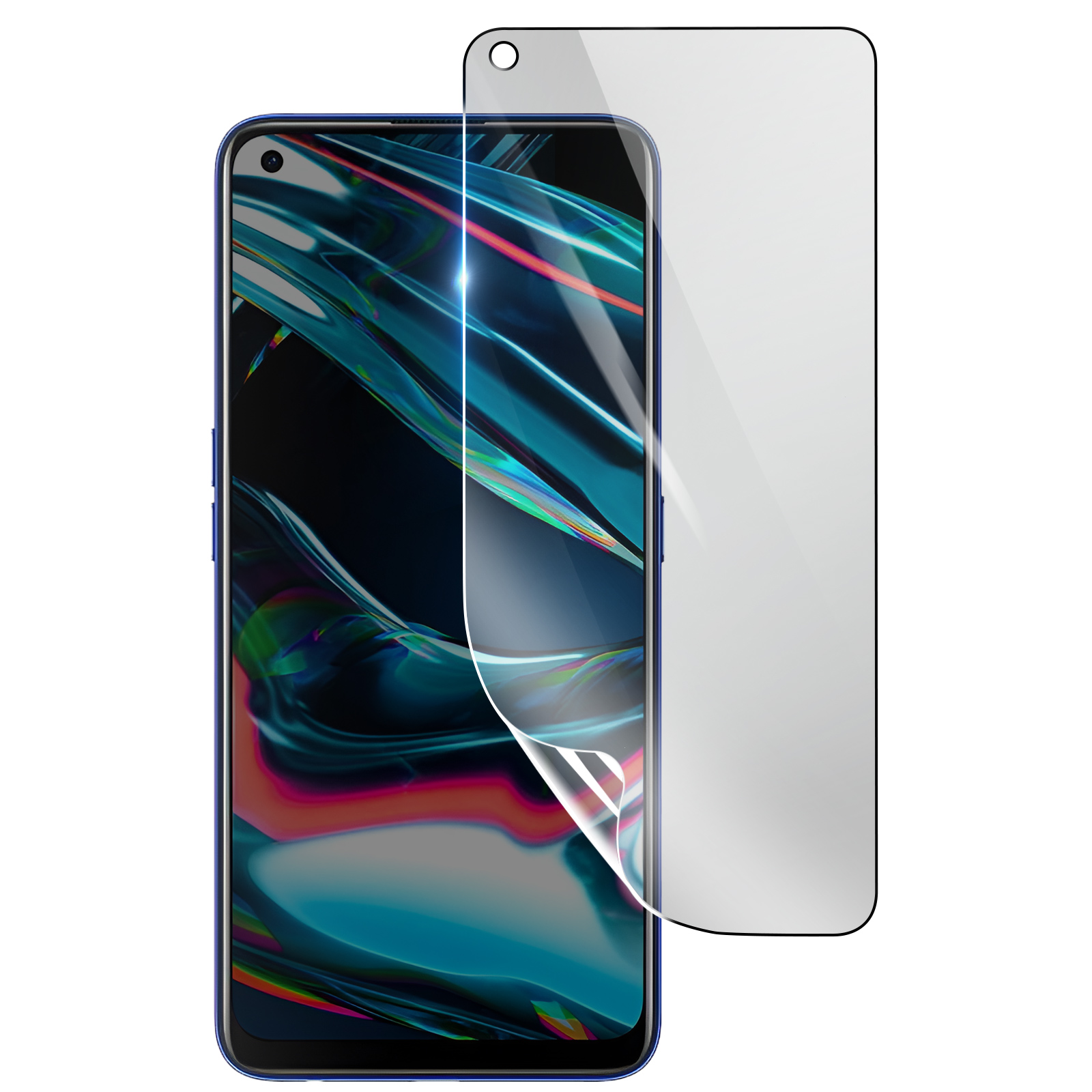 Uno smartphone con una protezione per lo schermo in applicazione. Il telefono è blu e la protezione è trasparente.