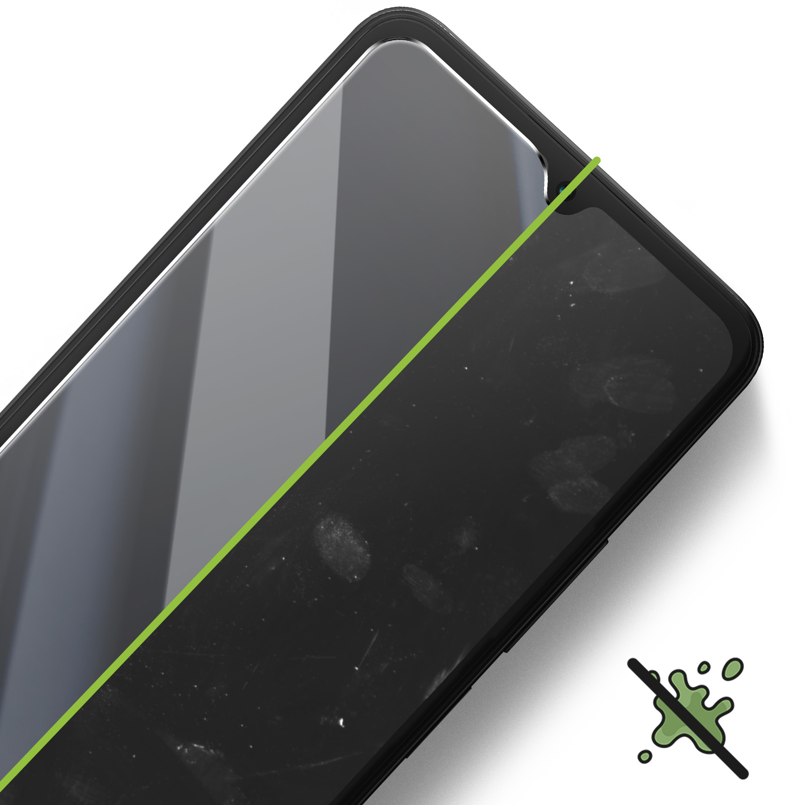 Uno schermo del telefono con una protezione applicata. La sinistra è pulita, la destra mostra impronte. Linea e simbolo verdi.