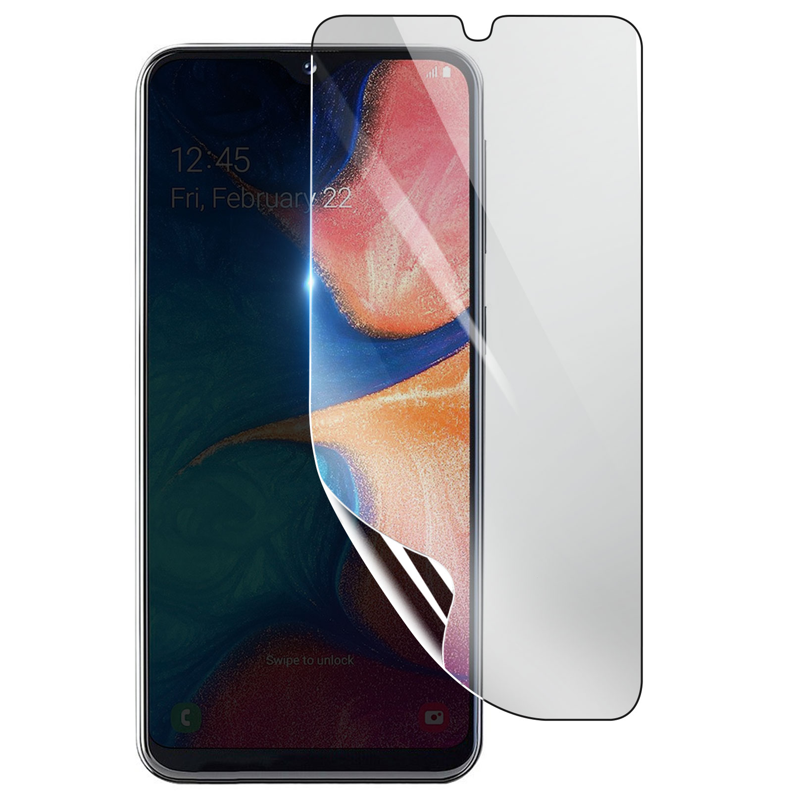 Uno schermo di telefono con una protezione applicata. Lo schermo mostra l'ora e la data e ha un sensore di impronte digitali.