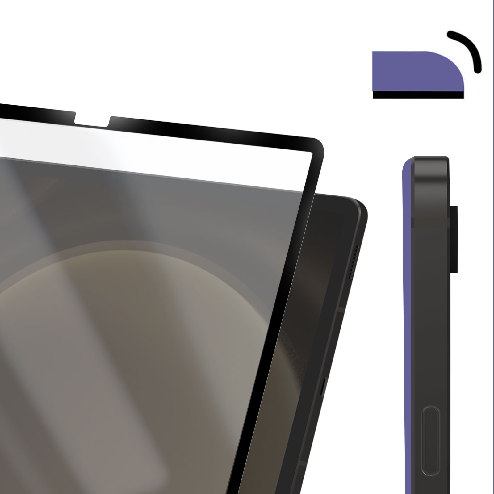 Tablet con protezione schermo. Tablet nero con cornice nera. Vista laterale mostra un accento viola. Sfondo bianco.