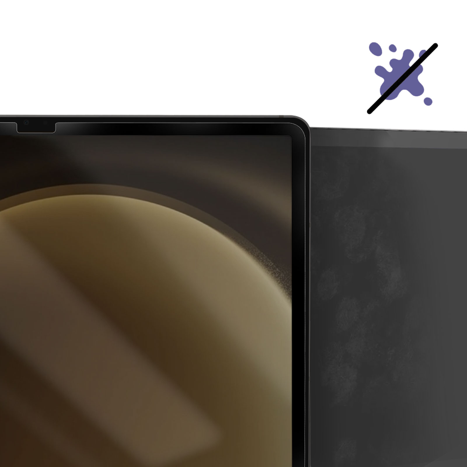 Lo schermo di un tablet mostra una sfumatura chiara. Accanto, un pannello scuro coperto di macchie. Una macchia sbarrata.