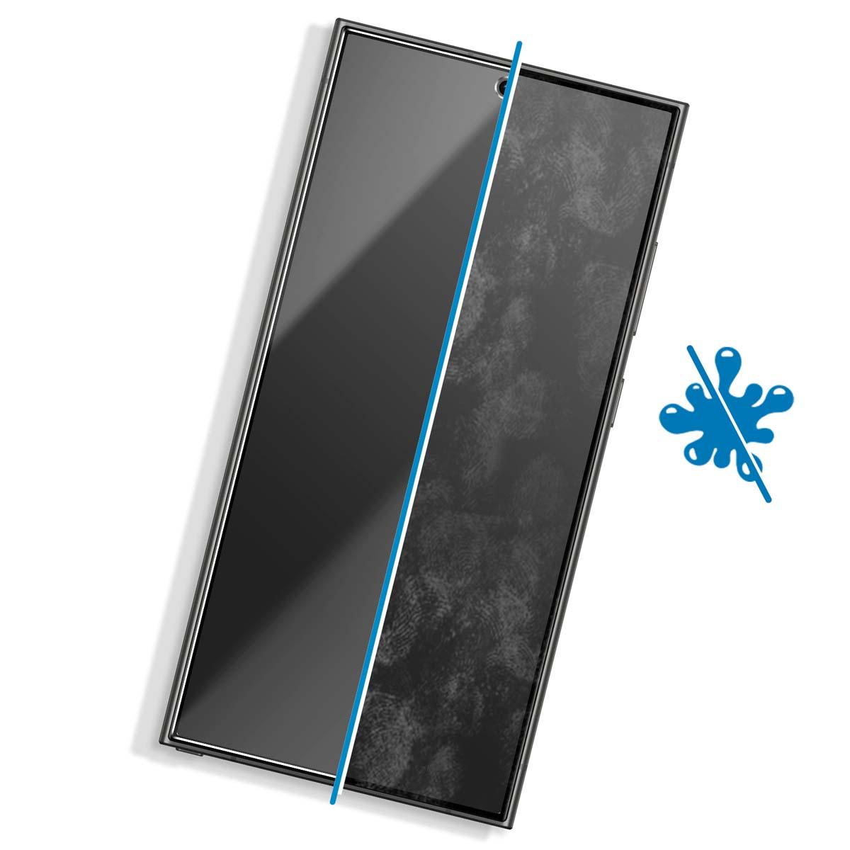 Uno schermo di smartphone diviso, che mostra un lato pulito e un lato con impronte digitali. Una linea blu li separa, e c'è un'icona anti-schizzo.