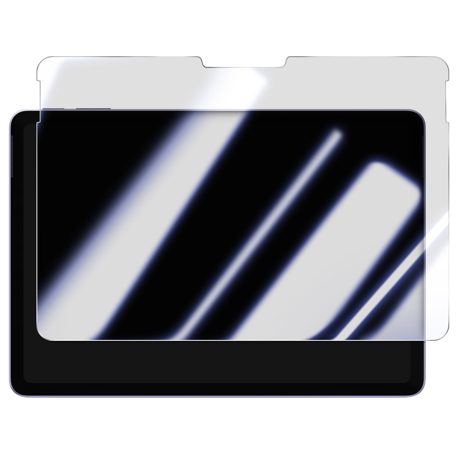 Un iPad con protezione schermo applicata. Lo schermo è nero con riflessi di luce. La protezione è trasparente, con un intaglio.