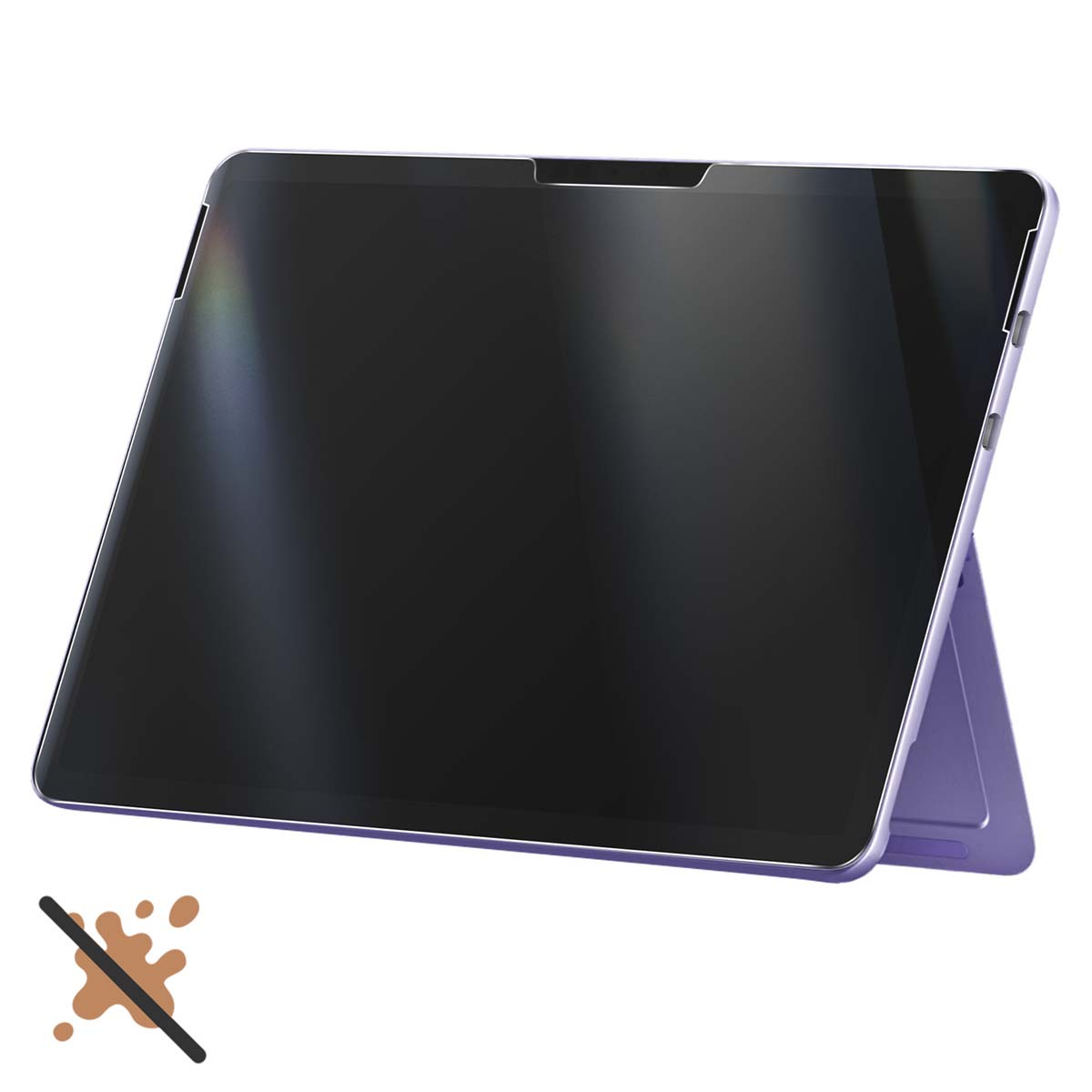 Un tablet viola con schermo nero è appoggiato. Un simbolo senza macchie è in basso a sinistra.
