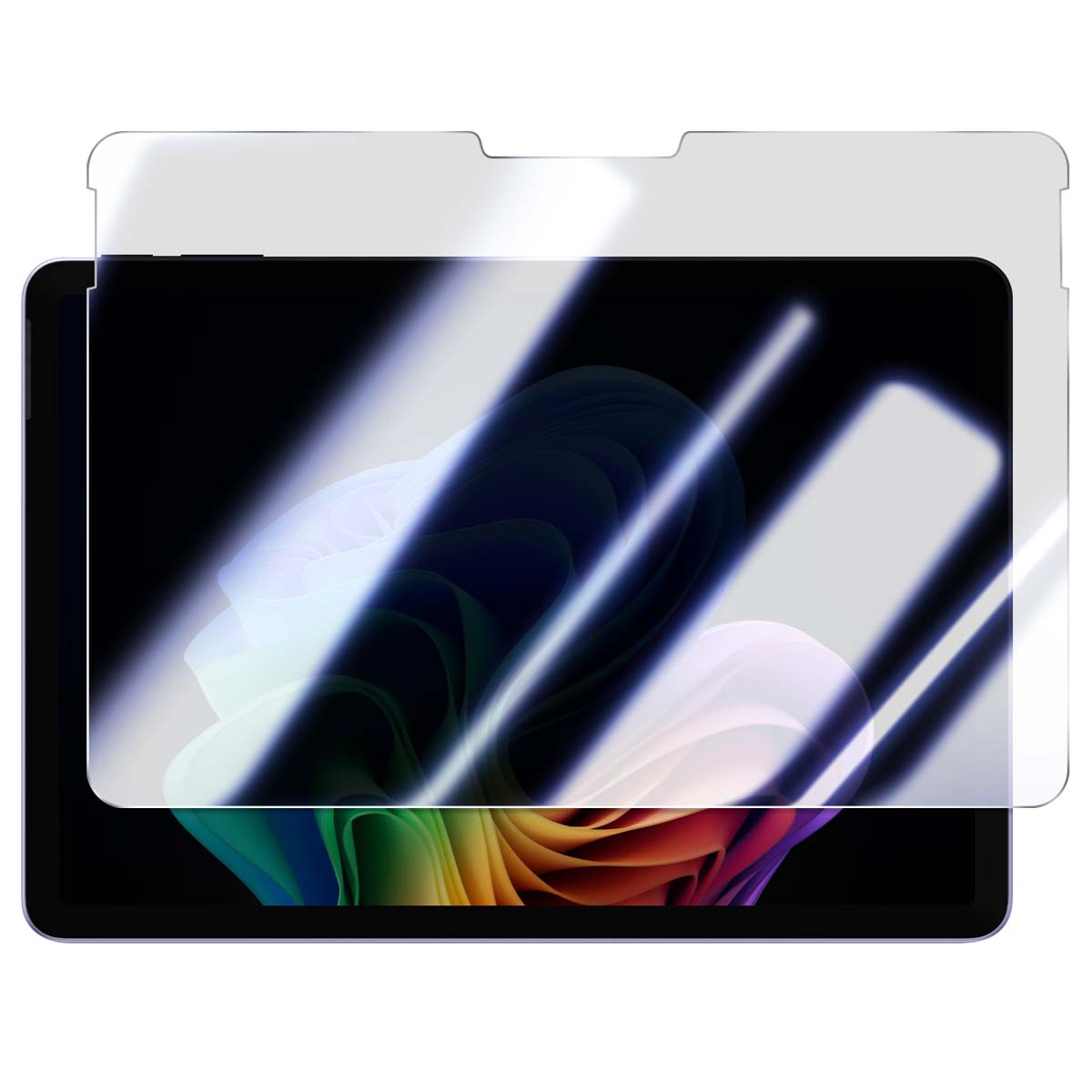 Schermo del tablet con protezione. Lo schermo mostra un design astratto colorato. La protezione è trasparente e lucida.