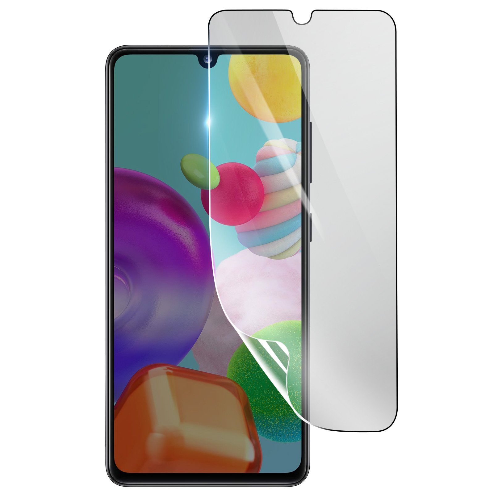 Smartphone con protezione schermo applicata. Il display mostra forme astratte di vari colori.