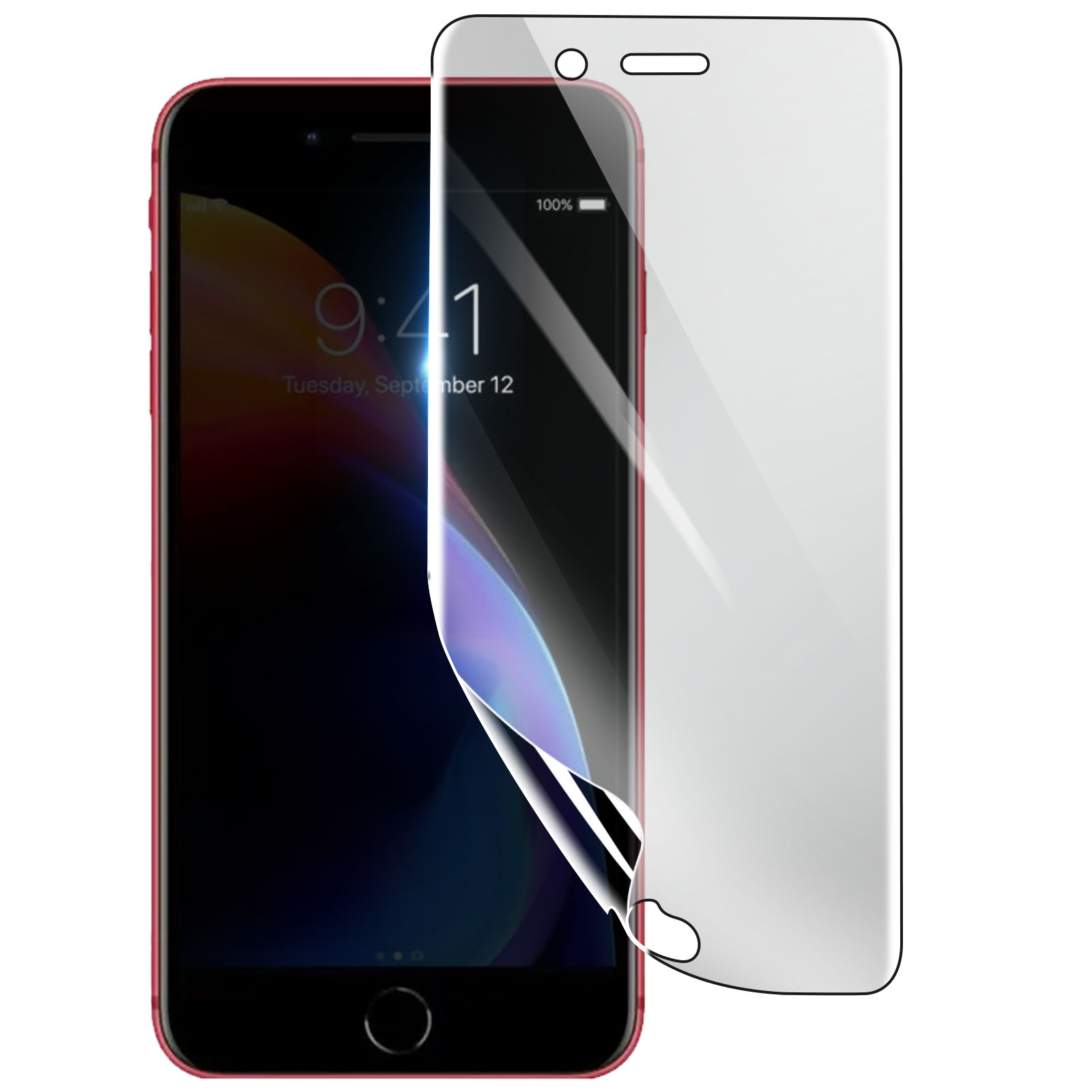 Un iPhone rosso con una protezione schermo parzialmente staccata, mostra ora e data. La protezione è trasparente.