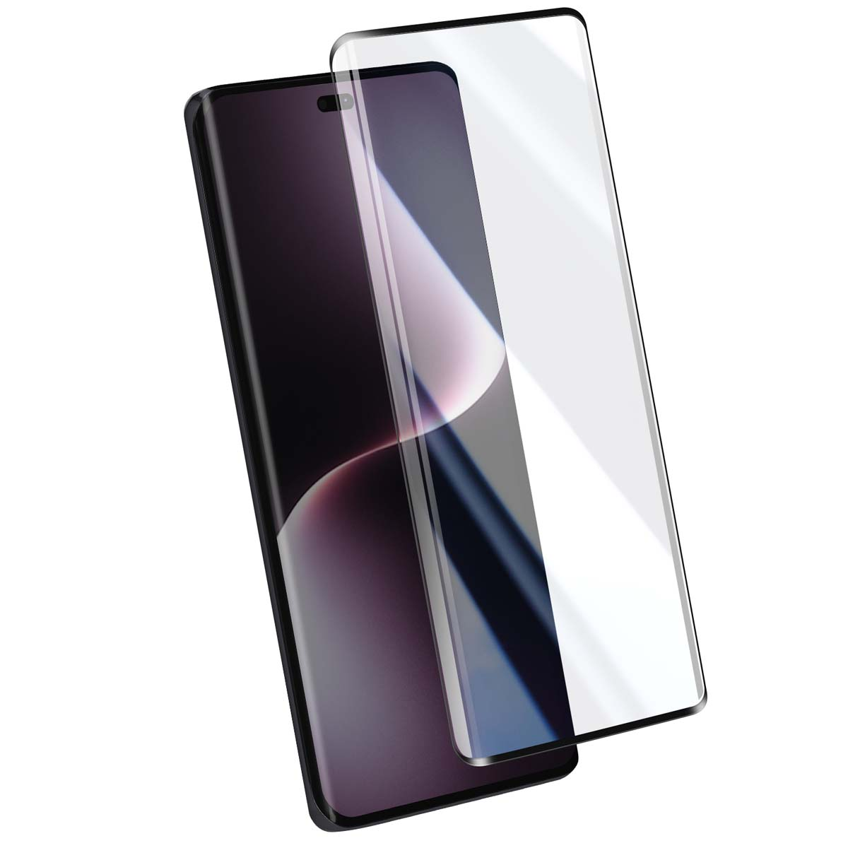 Een zwarte smartphone met een schermbeschermer. De telefoon is zwart, met een scherm dat een verloop van paars en roze toont.