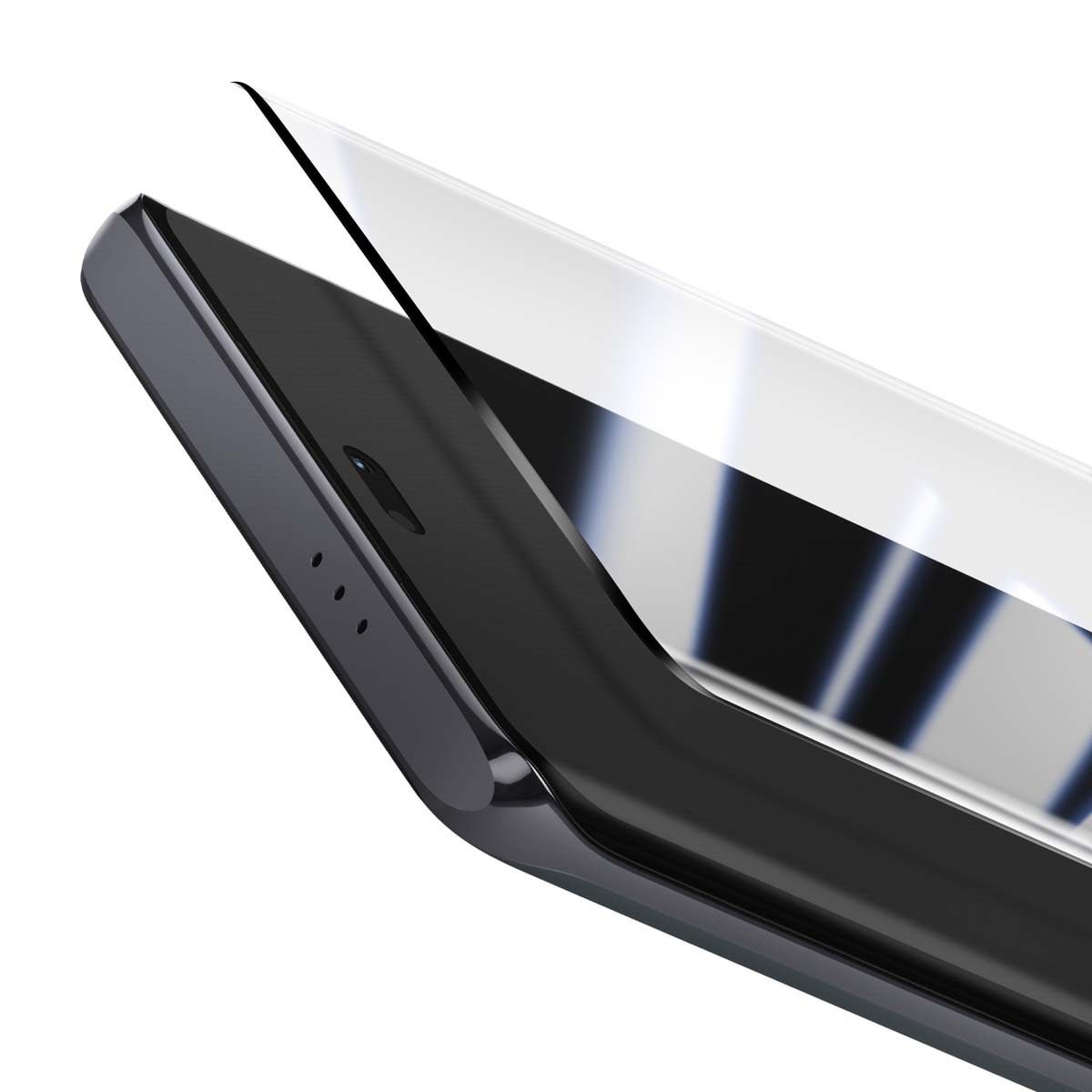 Een zwarte smartphone waarop een schermbeschermer wordt aangebracht. De telefoon staat schuin, met het scherm en de beschermer zichtbaar.