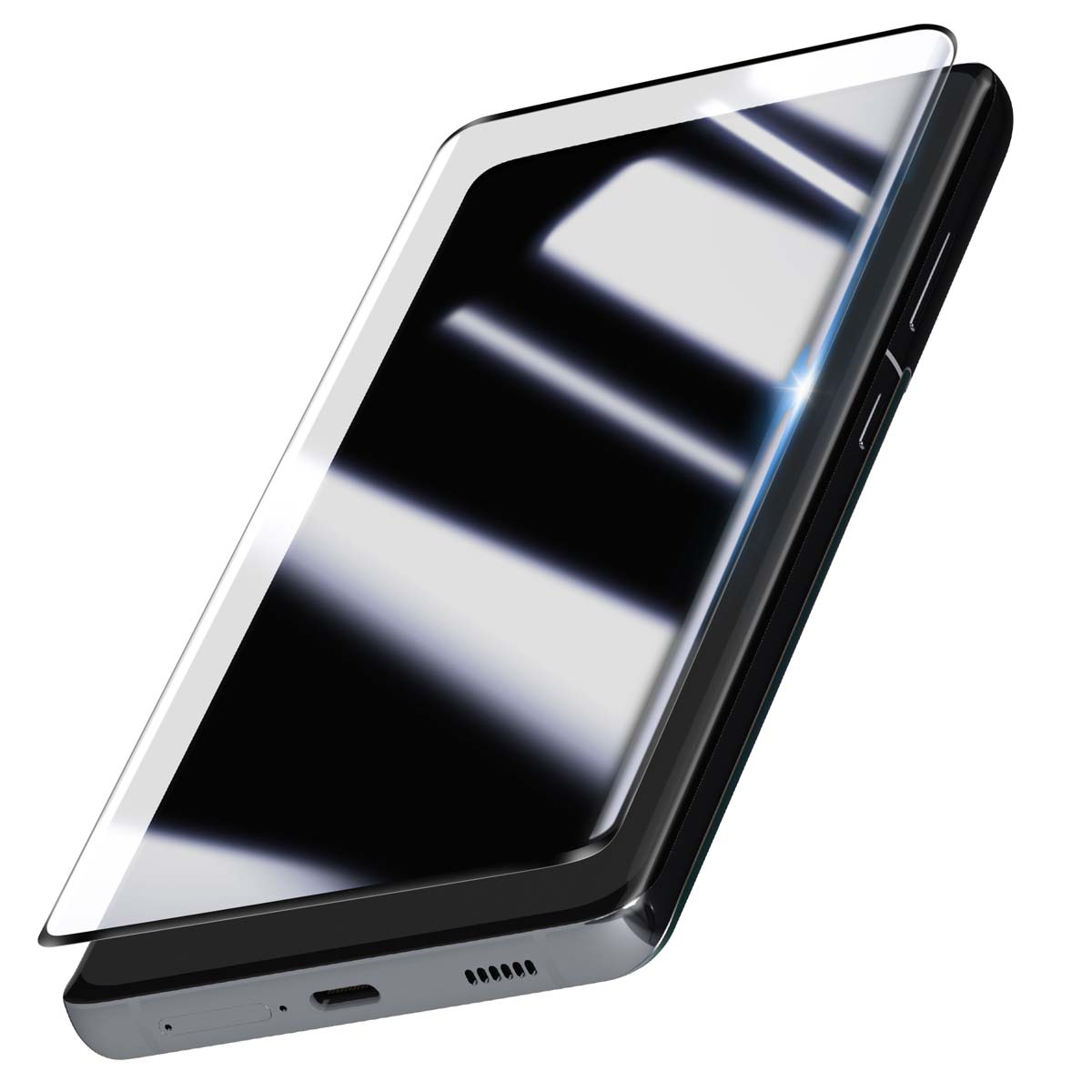 Un smartphone avec un protecteur d'écran. Le téléphone est noir, le protecteur est transparent et le fond est blanc.
