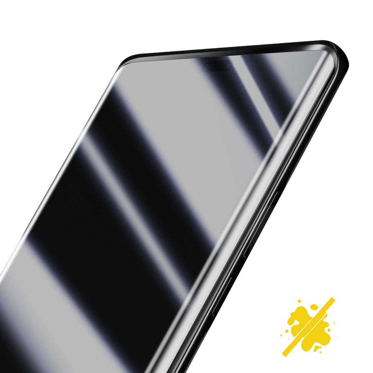 Close-up van een schermbeschermer voor smartphones. Zwart scherm met reflecties, tegen een witte achtergrond.