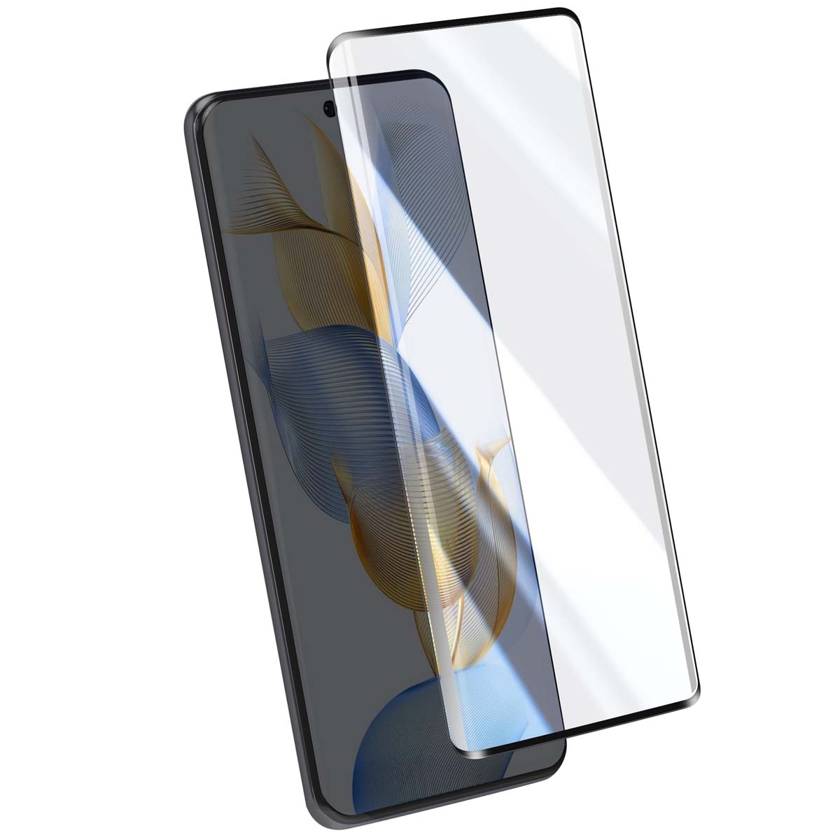 Smartphone avec protecteur d'écran. Le téléphone est noir et affiche une image floue. Le protecteur est transparent.