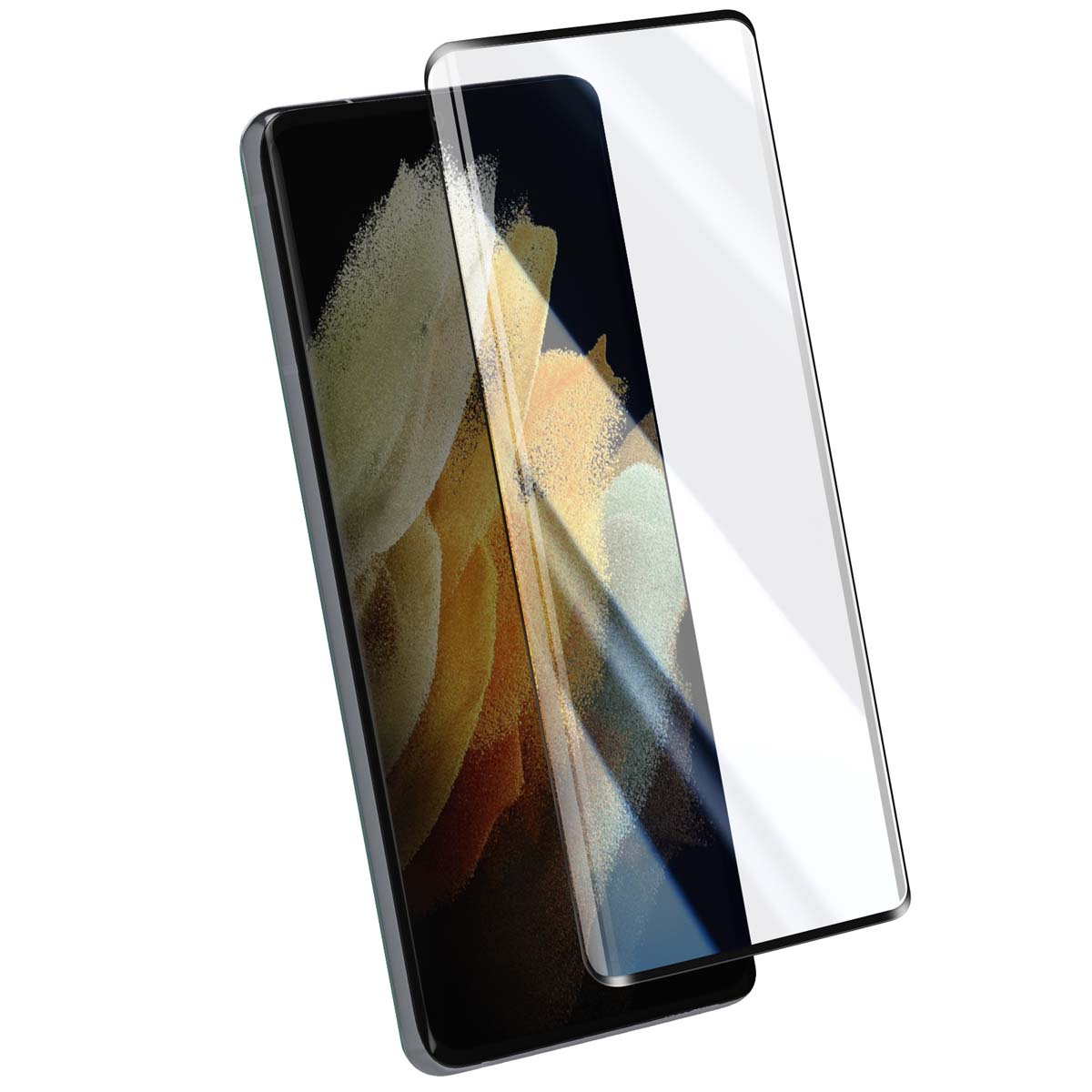 Un smartphone avec un protecteur d'écran. Le téléphone est noir, le protecteur transparent. Le fond est blanc.