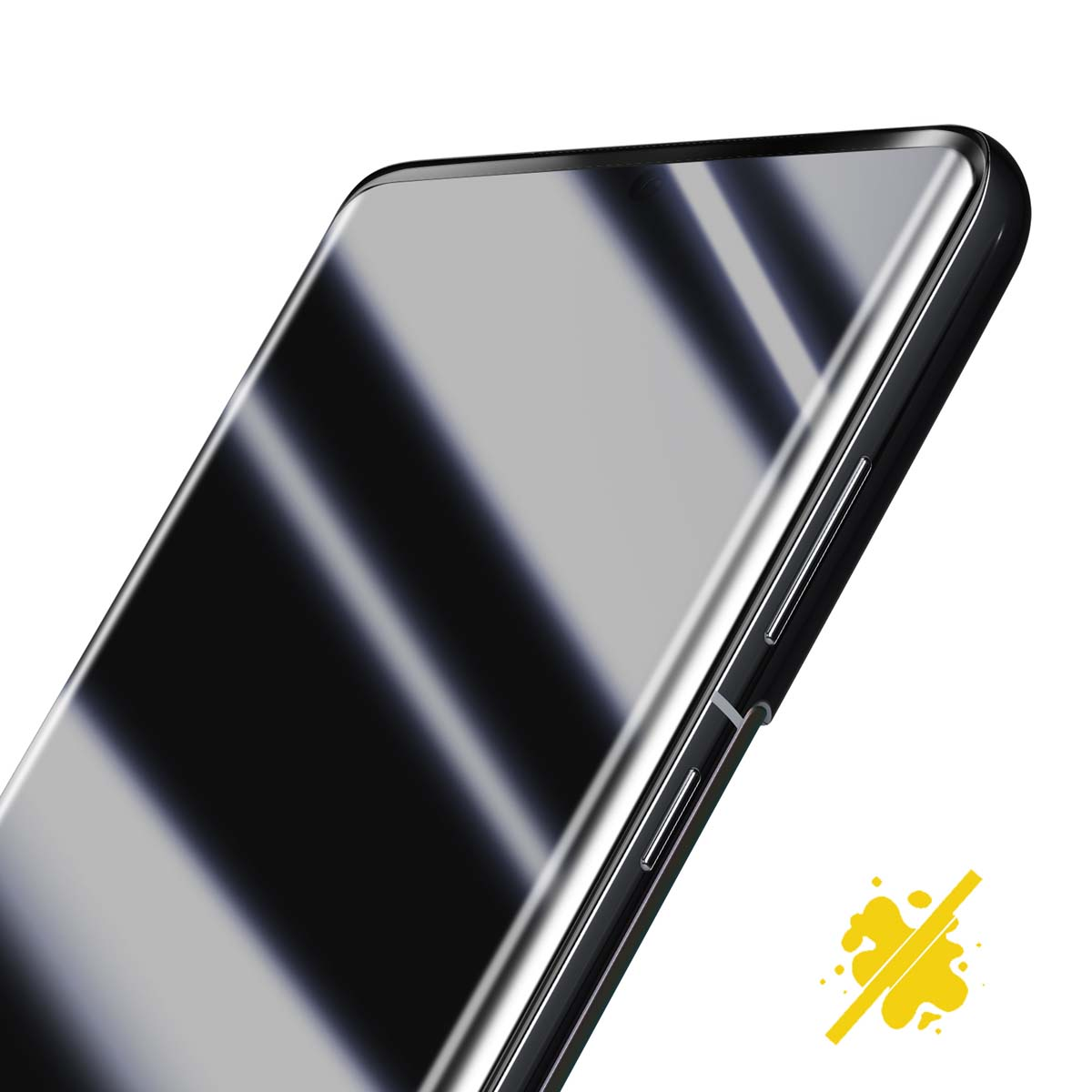Gros plan d'un smartphone noir. L'écran réfléchit un dégradé de lumière et d'obscurité. Le côté du téléphone a des boutons.