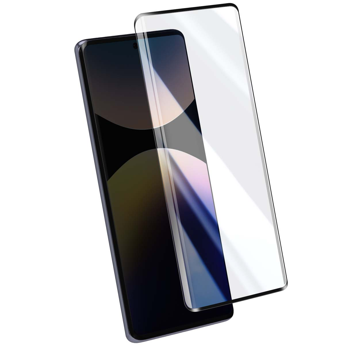 Uno smartphone con protezione schermo. Il telefono è nero con una cornice leggermente blu. La protezione è trasparente e leggermente sfalsata.