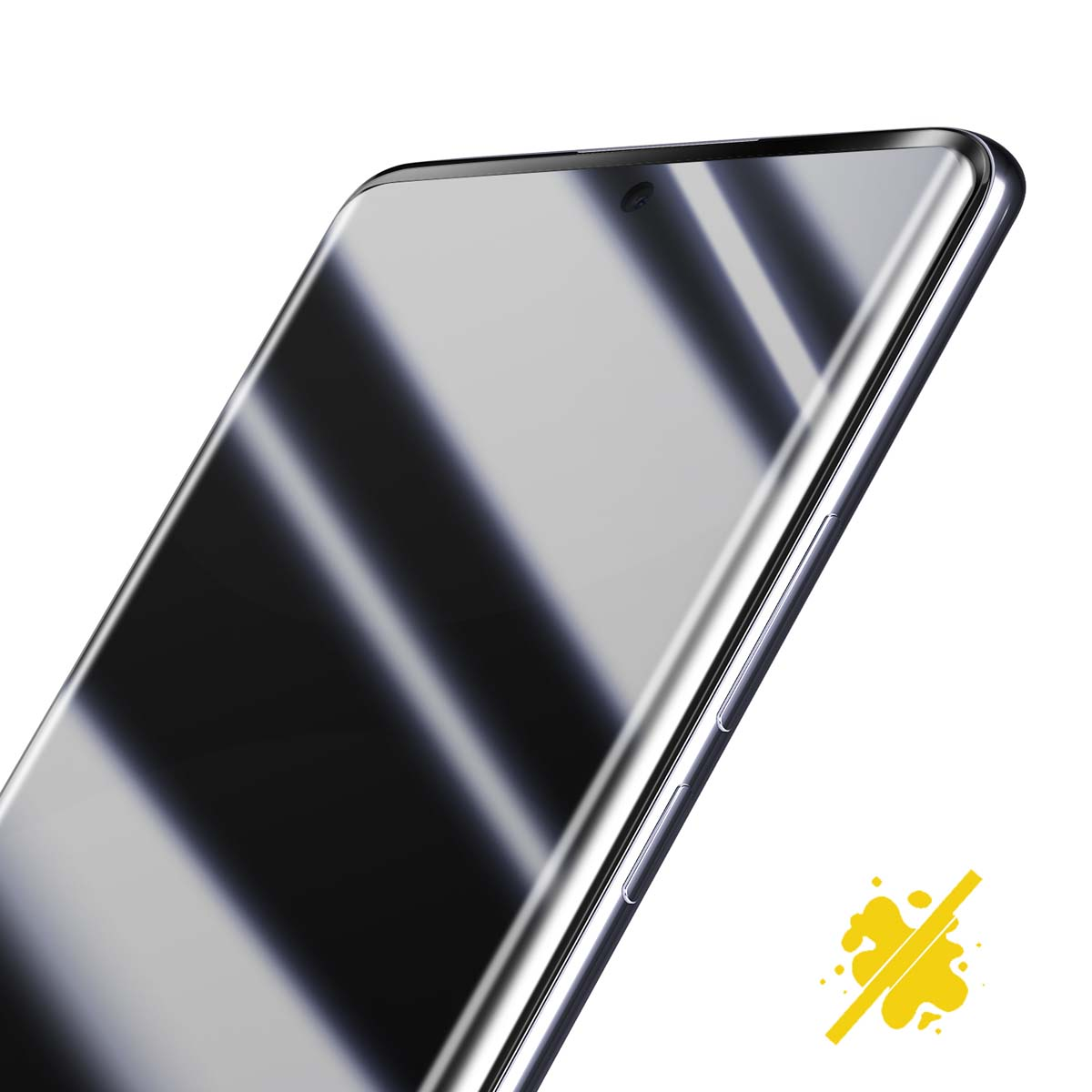 Uno smartphone con schermo riflettente. Il telefono ha una cornice argentata e pulsanti laterali. Lo sfondo è bianco.