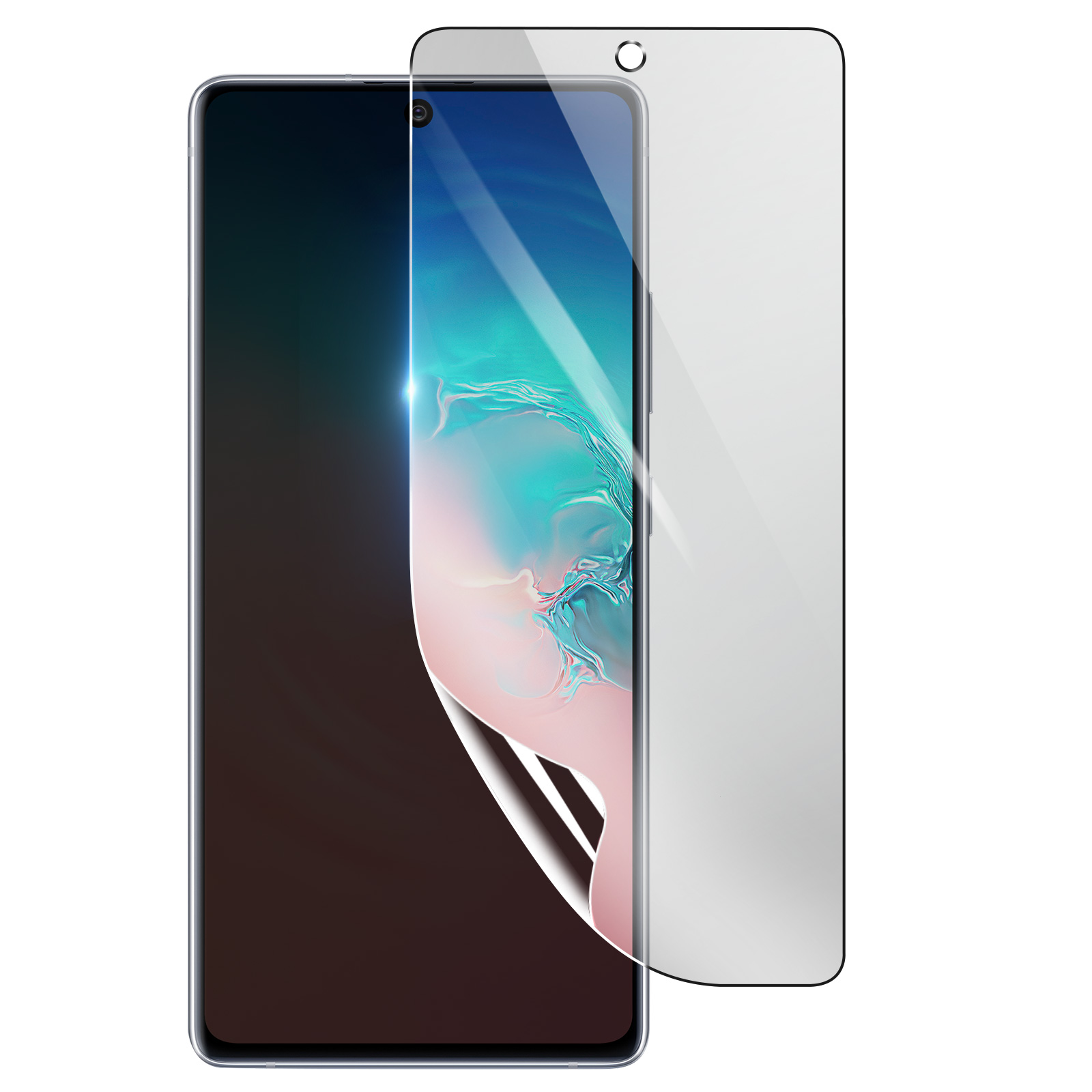 Uno smartphone con una protezione per lo schermo applicata. Il telefono è nero e la protezione è trasparente.