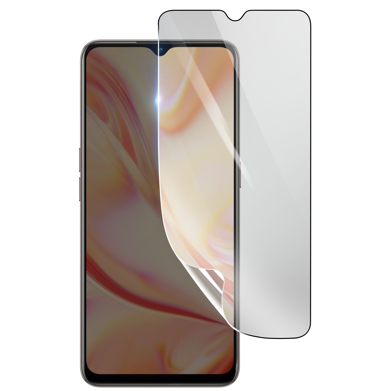 Uno smartphone con una protezione per lo schermo applicata. La protezione è parzialmente staccata, rivelando lo schermo.