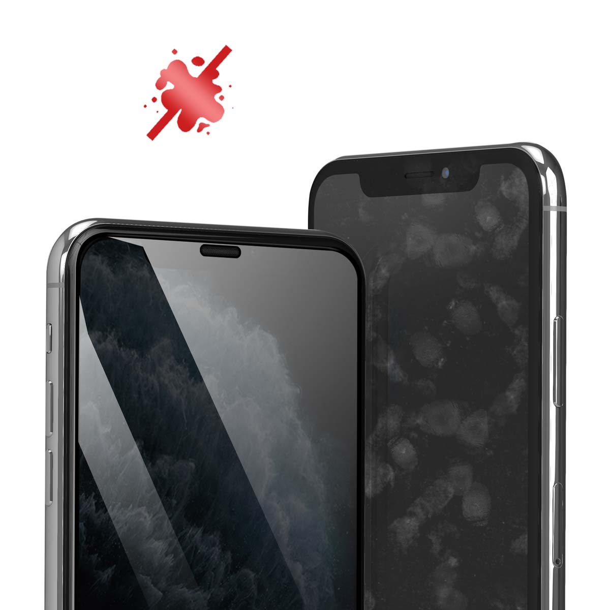 Due smartphone con schermi lucidi. Uno ha impronte digitali, l'altro è pulito. Un'icona rossa a forma di schizzo è in alto a sinistra.