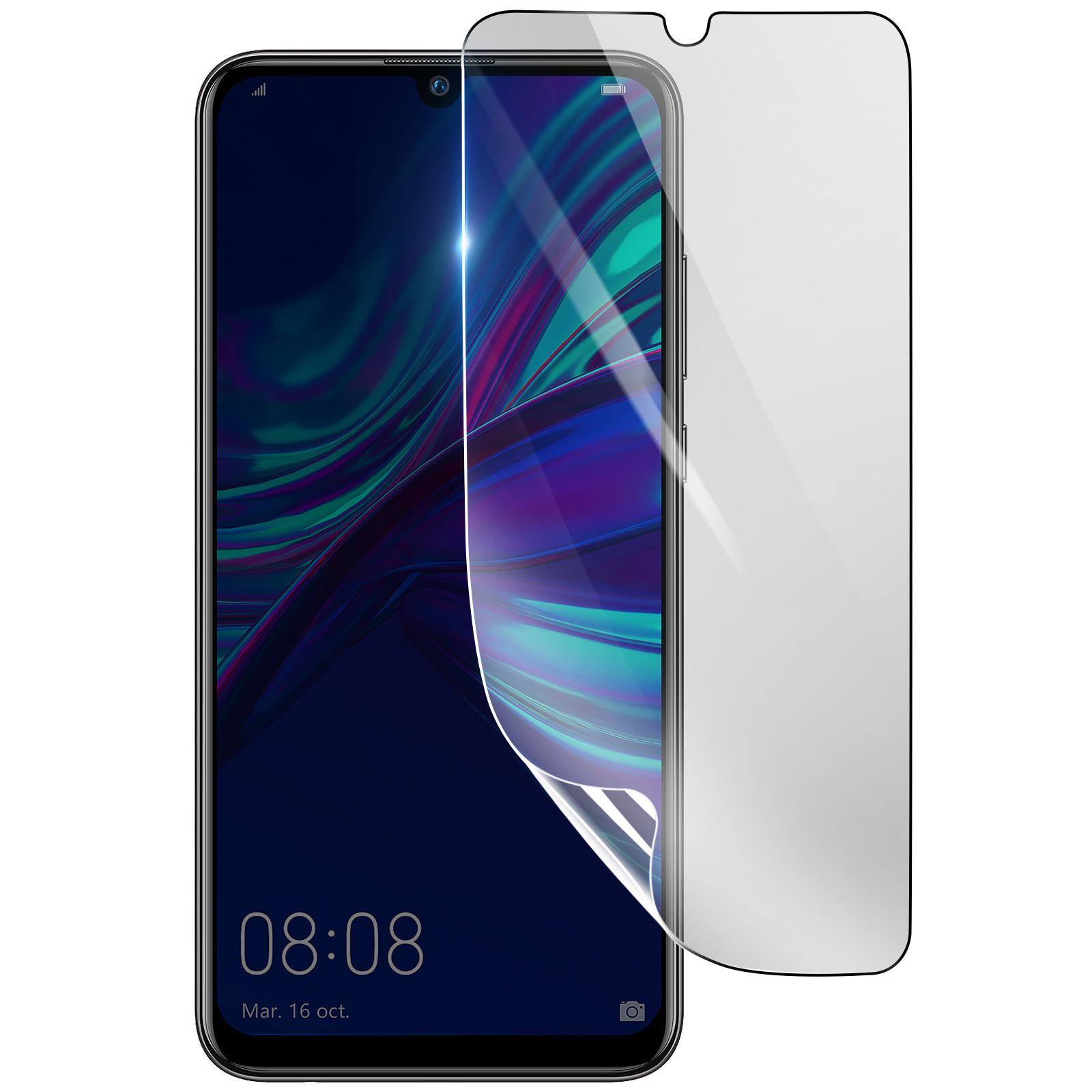 Smartphone con protezione schermo applicata. Lo schermo mostra ora e data. Protezione parzialmente staccata.