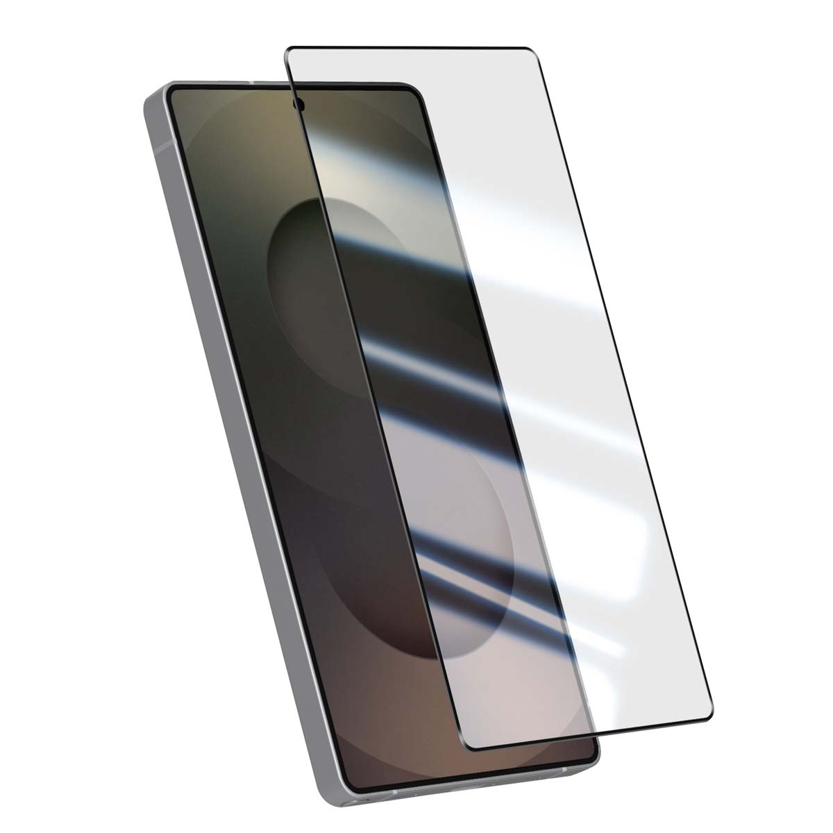 Een smartphone met een schermbeschermer wordt getoond. De telefoon is zilverkleurig en de beschermer is transparant. De achtergrond is wit.