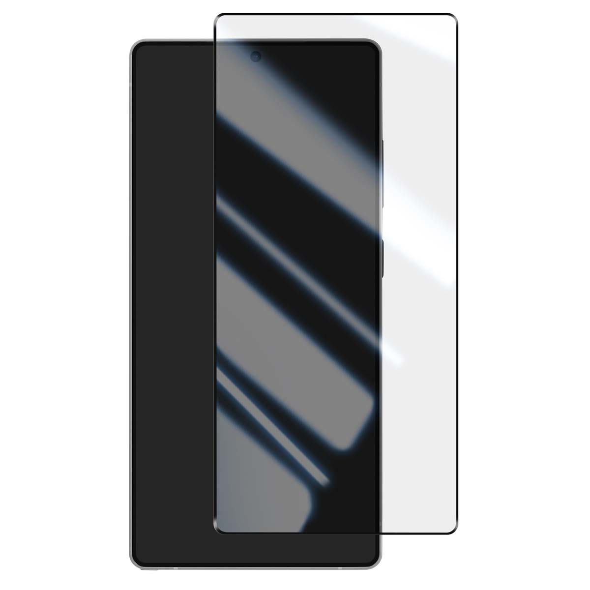 Een smartphone met een schermbeschermer aangebracht. De telefoon is zwart met een glazen schermbeschermer. De achtergrond is wit.