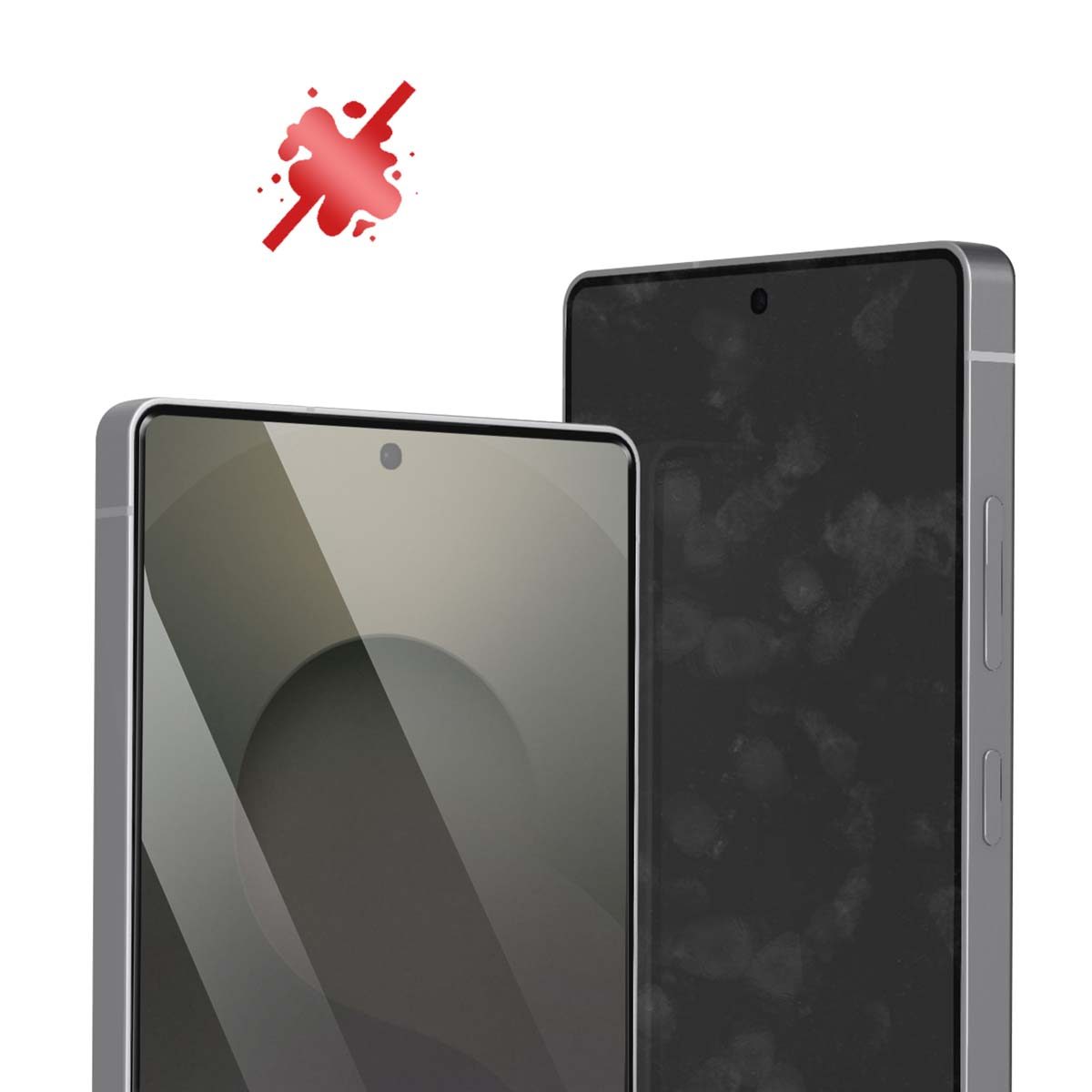 Twee smartphones met zilveren frames. Eén toont een vage vingerafdruk, de andere een helder scherm. Een rode vlek linksboven.