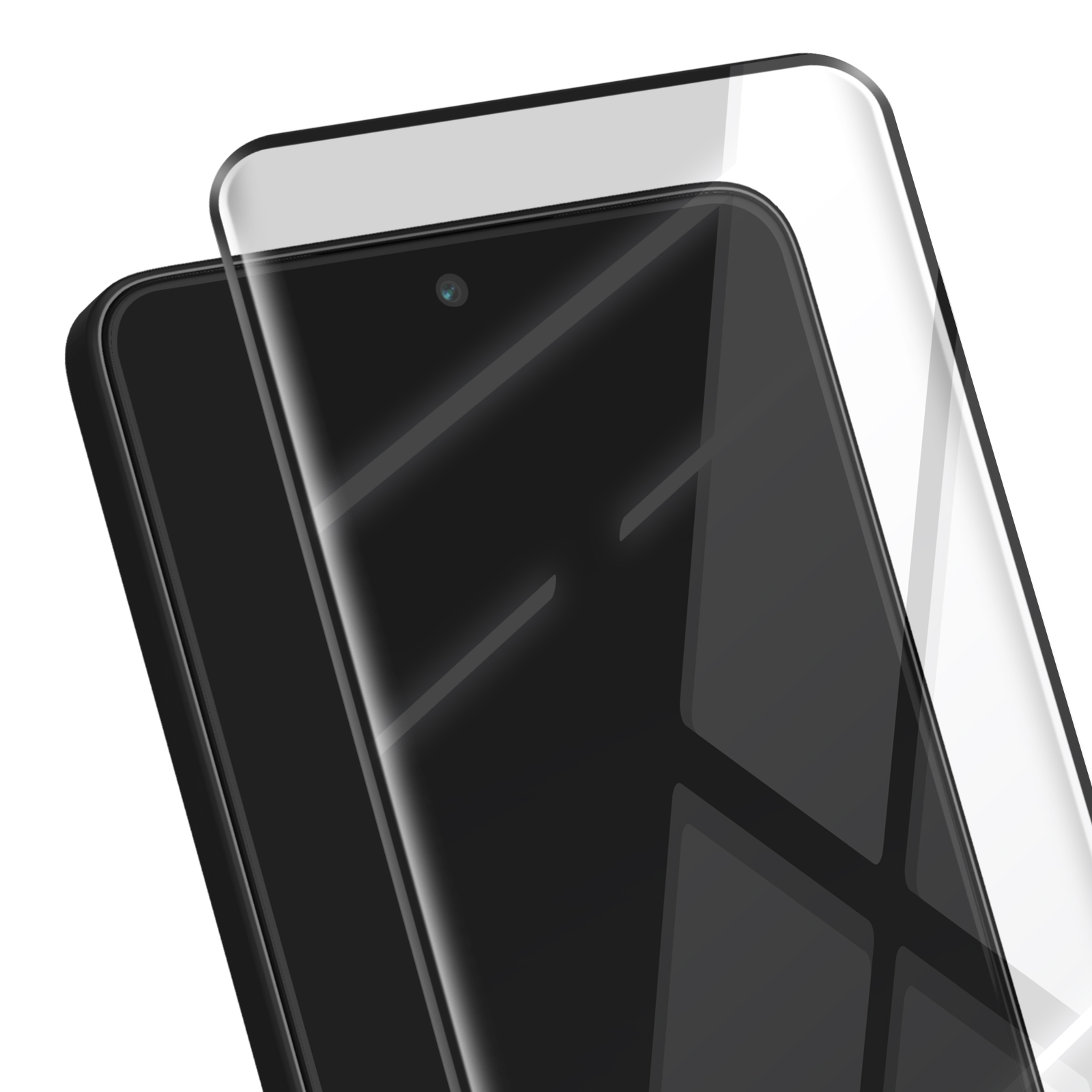 Smartphone nero con protezione schermo. Il telefono ha una fotocamera ed è lucido. Sfondo bianco.