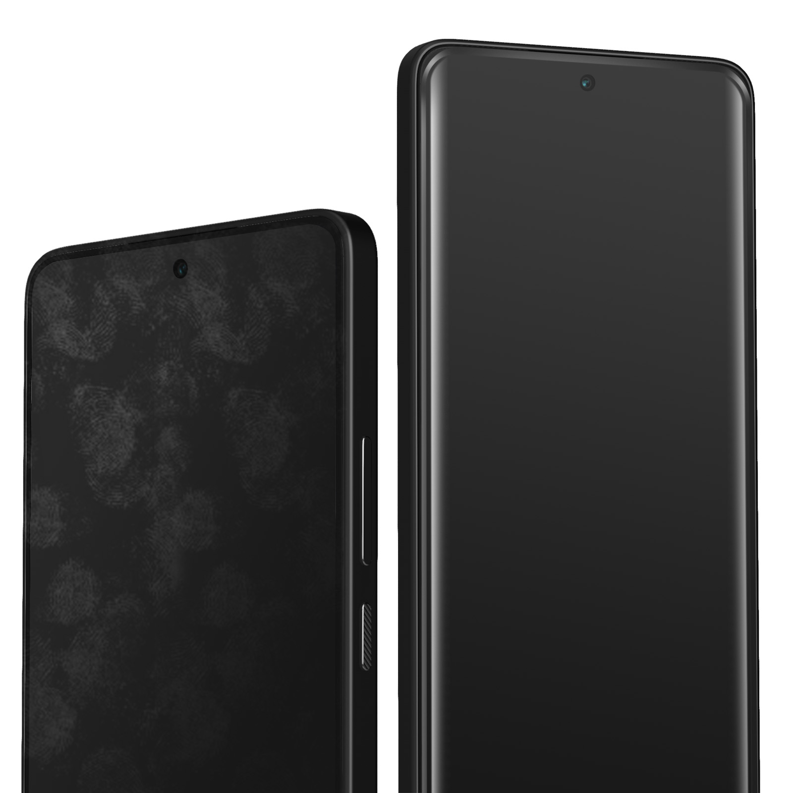 Due smartphone neri. Uno mostra impronte digitali, l'altro è pulito. Entrambi hanno una fotocamera frontale.