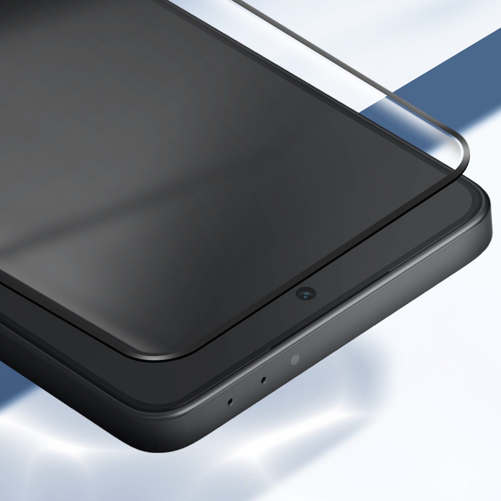 Primo piano di uno smartphone nero con protezione schermo. Il telefono ha una fotocamera e una cornice nera. Sfondo blu e bianco tenue.