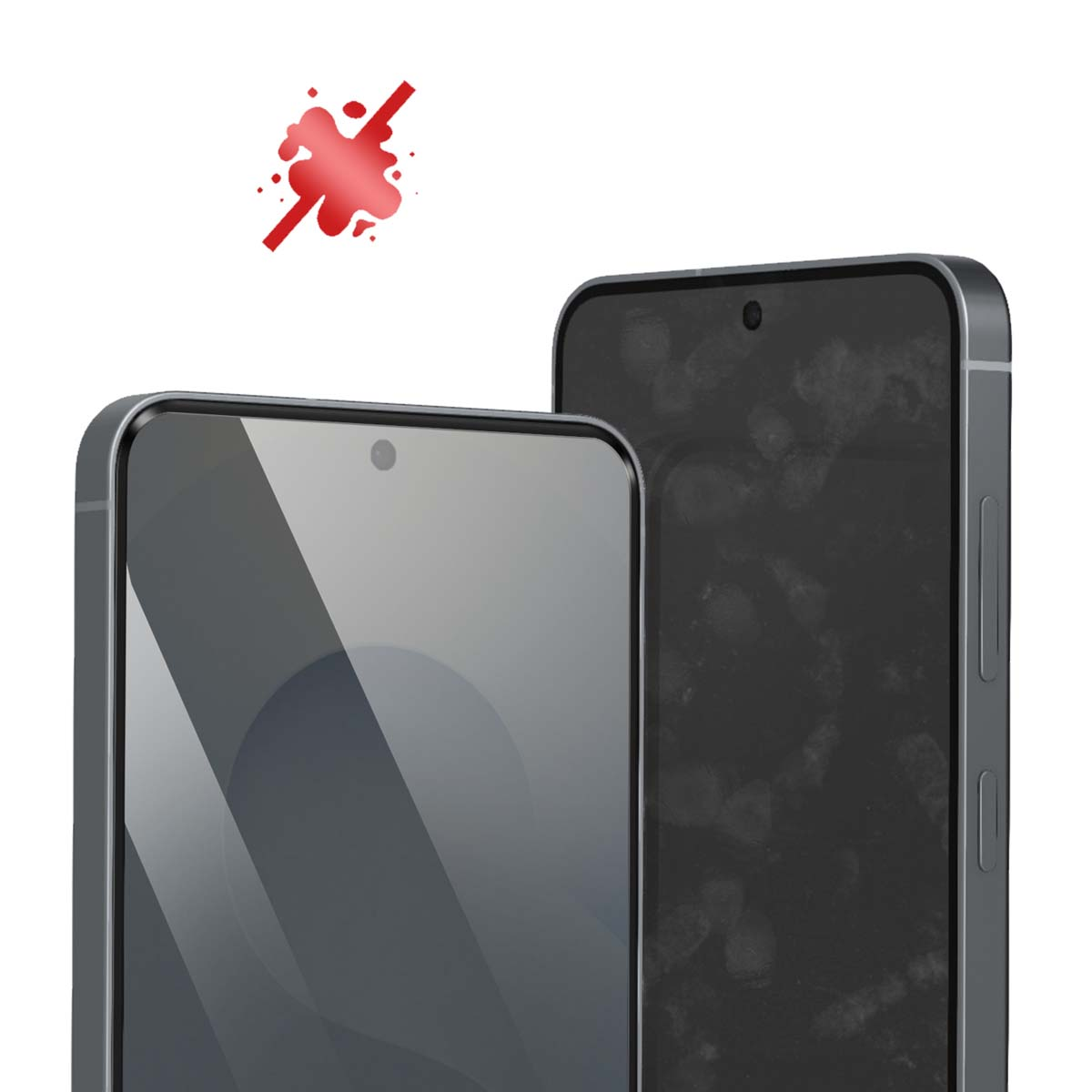 Deux smartphones avec des cadres gris. L'un a un écran propre, l'autre des empreintes digitales. Une éclaboussure rouge avec une ligne en arrière-plan.