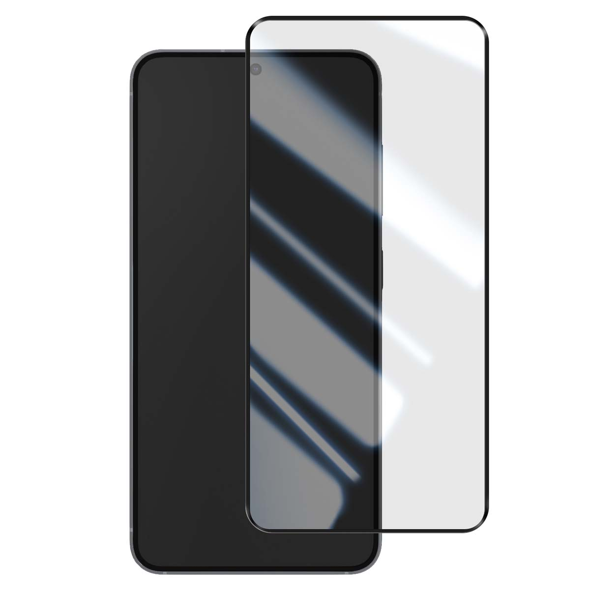Un smartphone noir avec un protecteur d'écran sur fond blanc. Le protecteur d'écran est transparent.