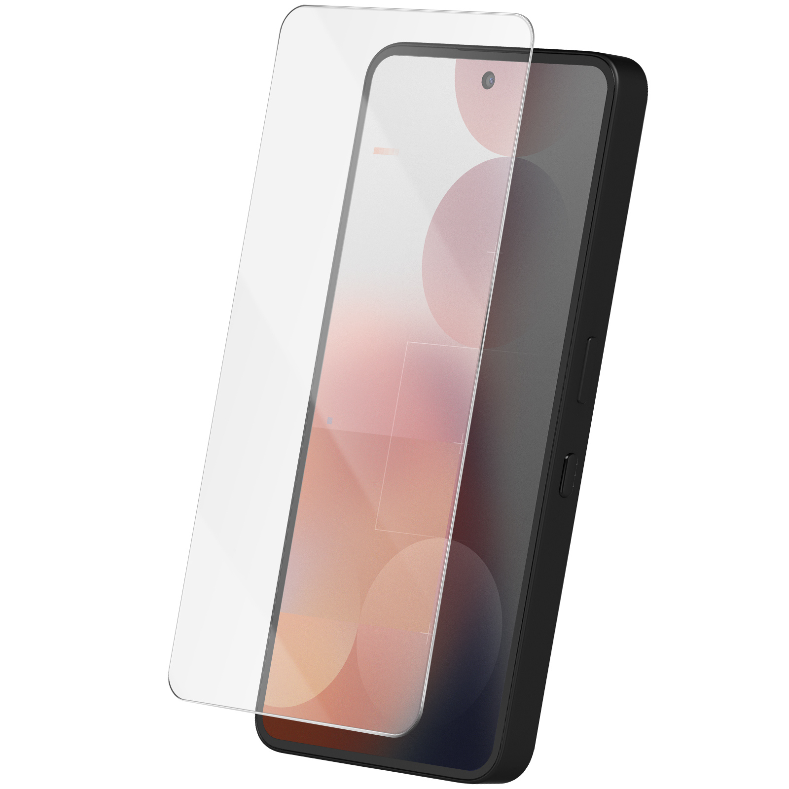 Uno smartphone nero con una protezione per lo schermo applicata. Lo schermo mostra un display chiaro con un obiettivo.