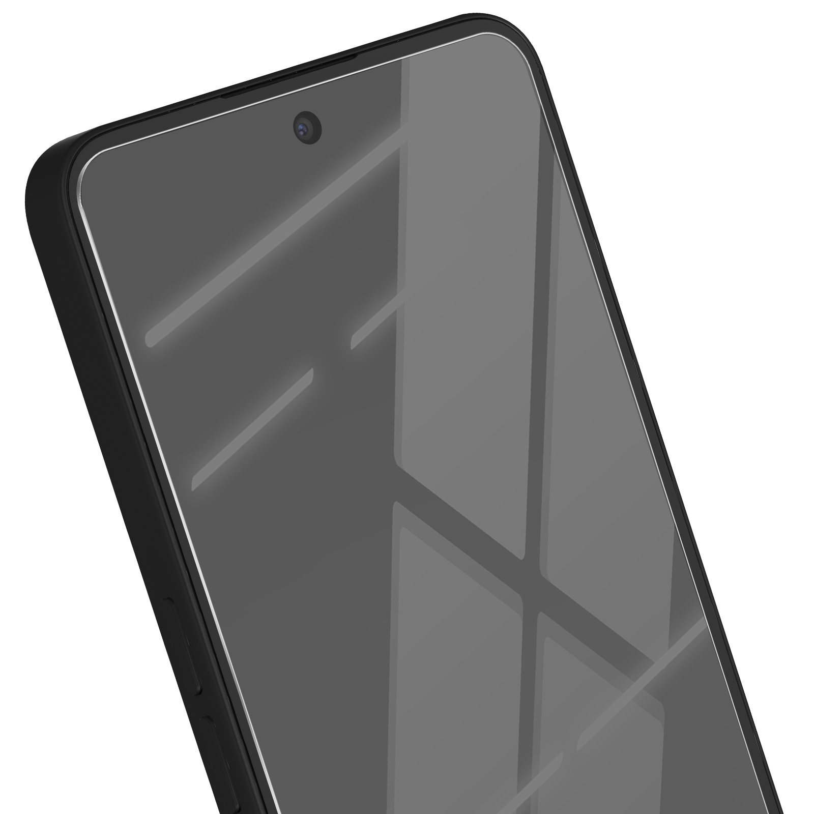 Primo piano di uno smartphone, cornice nera, schermo in vetro con riflessi e fotocamera frontale. Sfondo bianco.