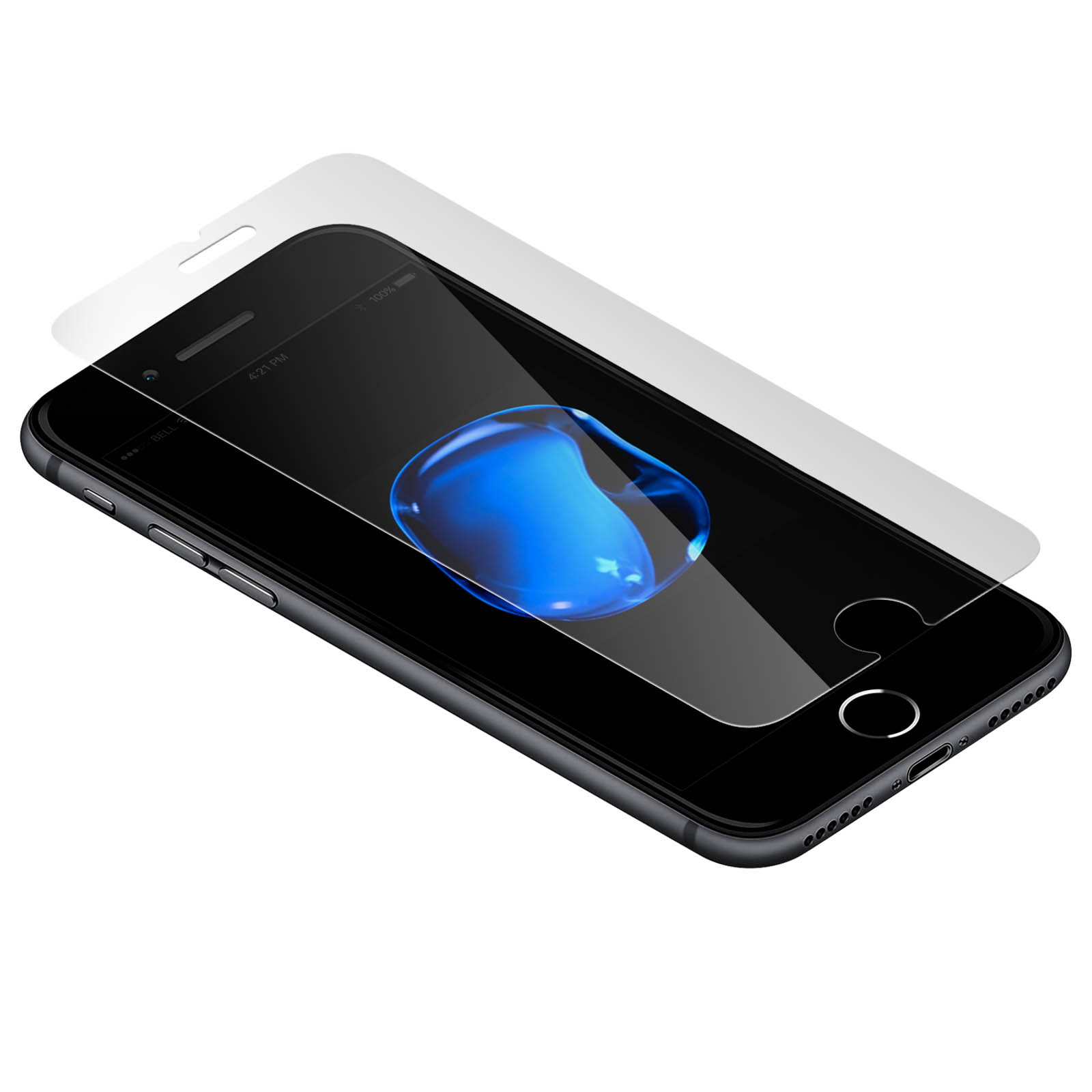 Uno smartphone nero con una protezione per lo schermo applicata. Lo schermo mostra uno sfondo blu simile all'acqua.